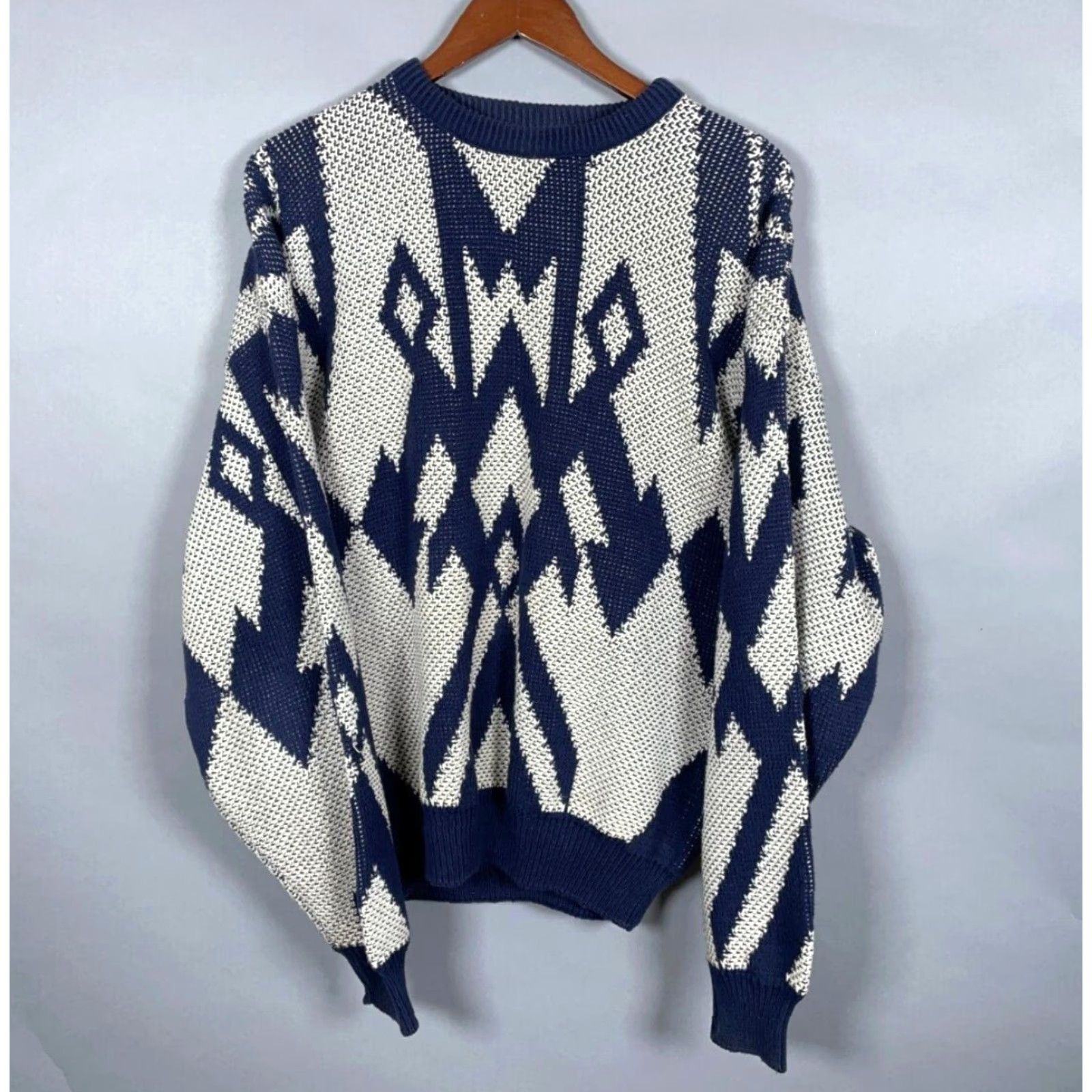 Jantzen VINTAGE Jantzen Geometric Chunky Knit Sweater Adult XL Ivory Dark Blue Cotton Mens Size US XL / EU 56 / 4 - 2 Thumbnail
