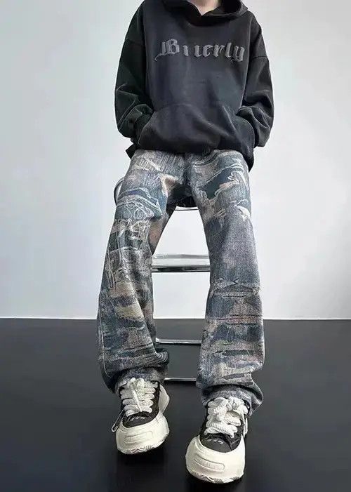 Designer Retro High Street Trendy Loose Wide Leg Printed Jeans Size US 32 / EU 48 - 3 Thumbnail