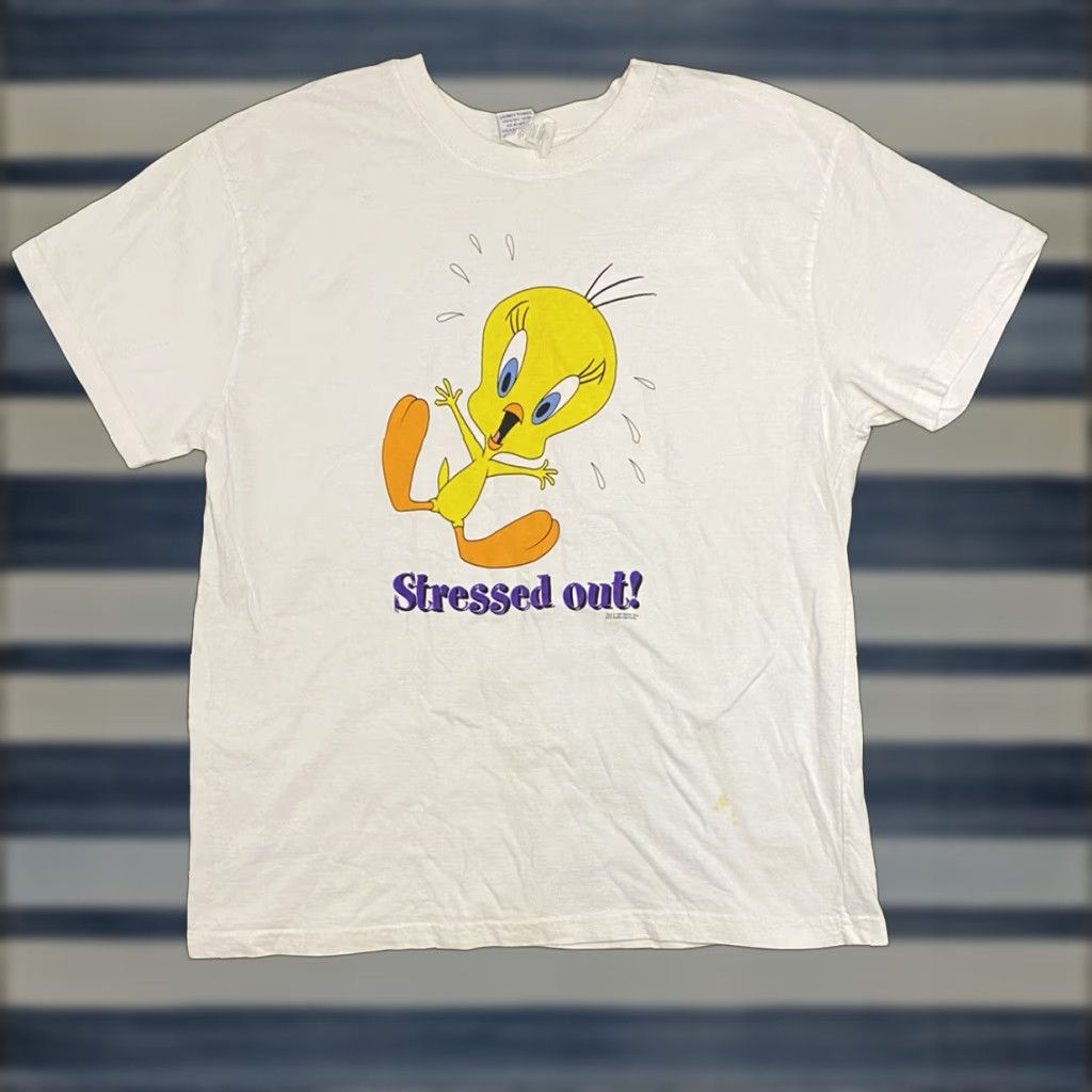Vintage VINTAGE Looney Tunes Shirt 2XL White Crew Neck Short Sleeve Tweety Bird Stressed Out 90s Cartoon Mens Size US XXL / EU 58 / 5 - 1 Thumbnail