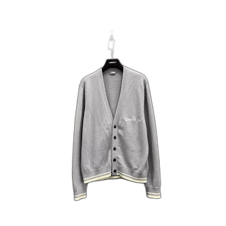Dior Gray Striped V-Neck Cardigan from Dior Size L / US 10 / IT 46 - 1 Thumbnail