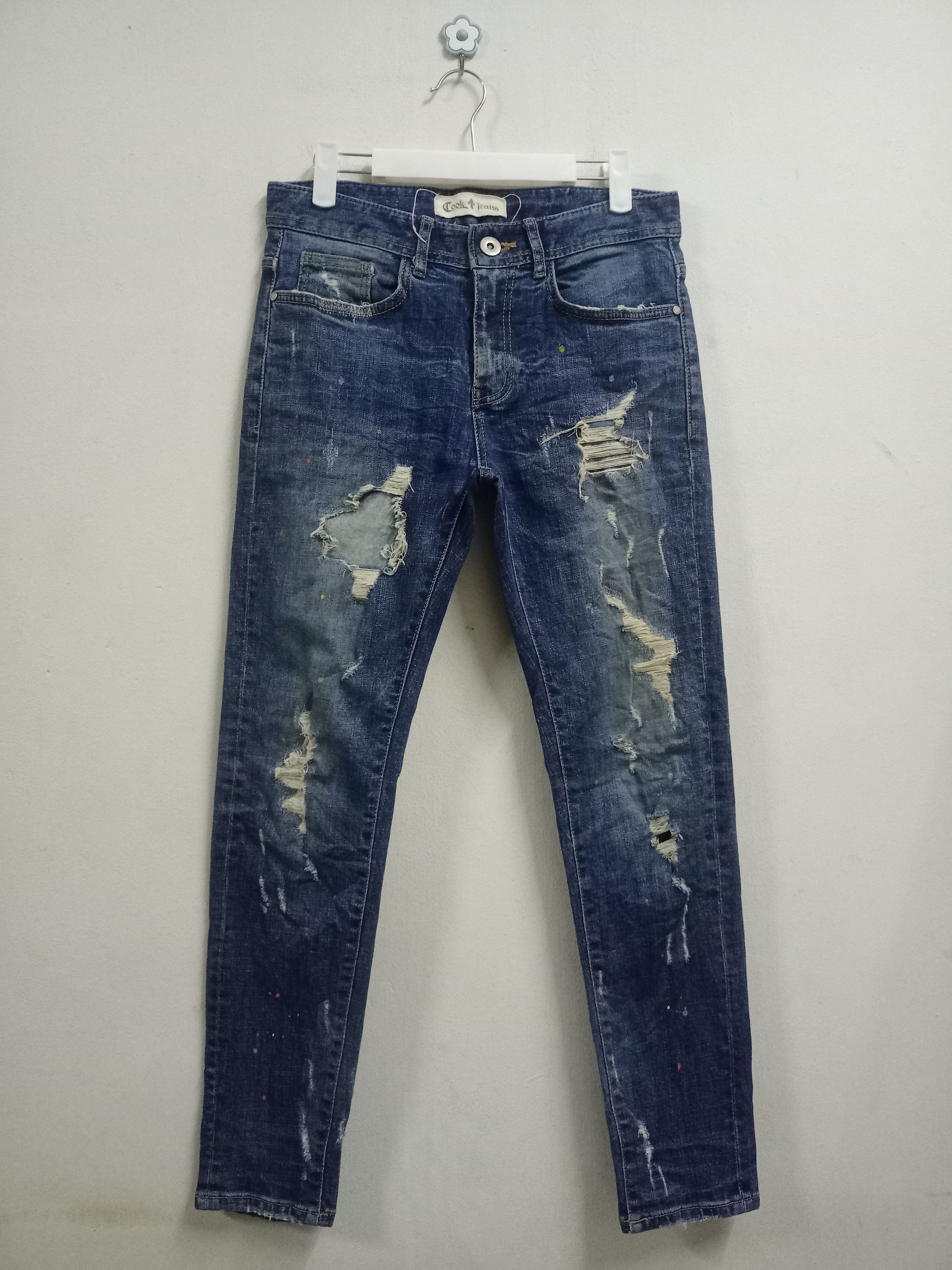image of Distressed Denim Vintage Japanese Cook Jeans Painted Splatter Denim 30X28 in Blue, Men's