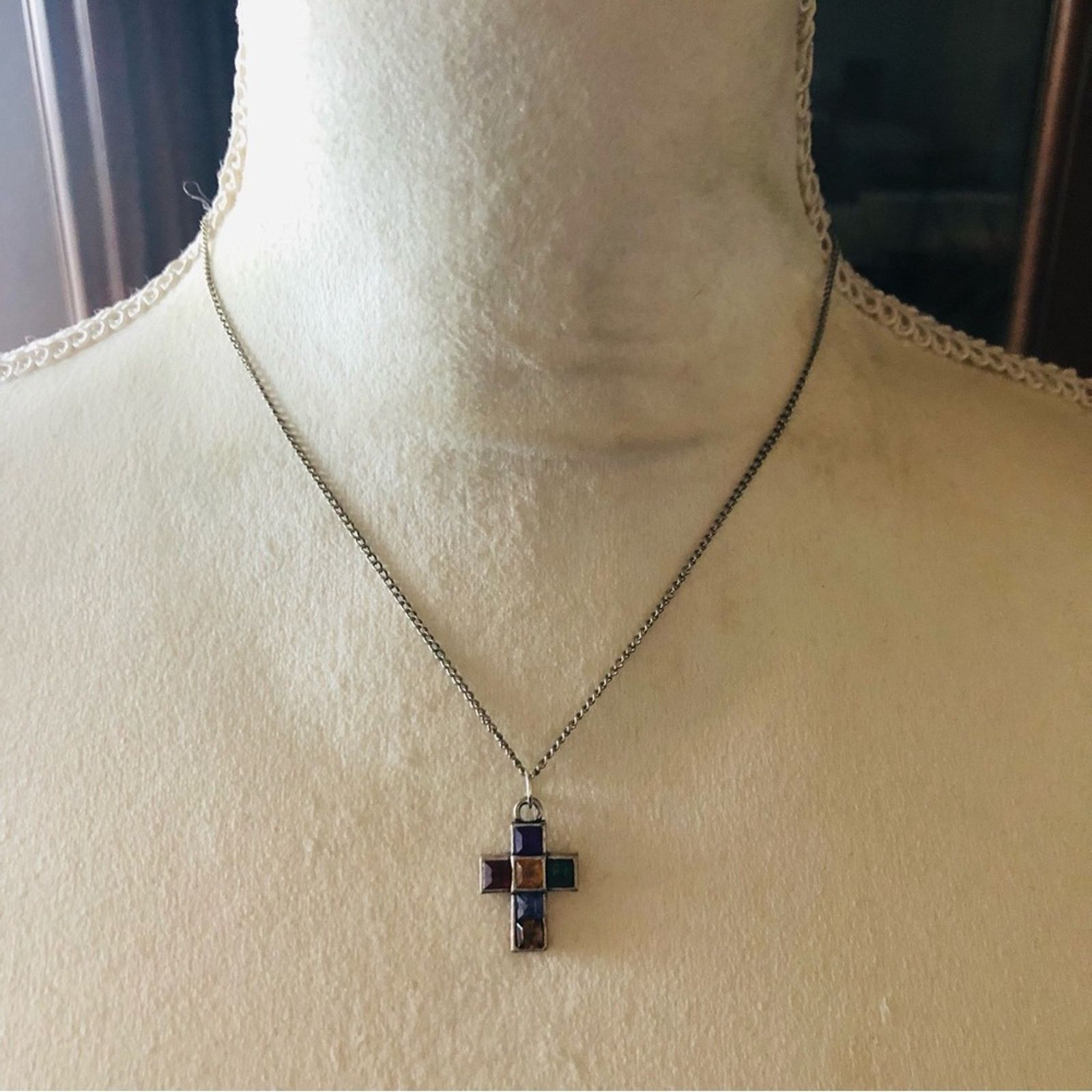 Vintage Vintage multi tone square shape gem cross on chain necklace Size ONE SIZE - 2 Thumbnail