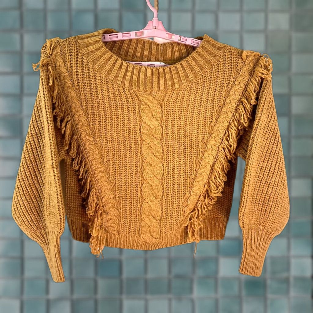 Vintage DO+BE Cropped Crew Neck Sweater Womens Size L Brown Fringe Long Sleeve Cable-Knit Pullover Size L / US 10 / IT 46 - 1 Thumbnail