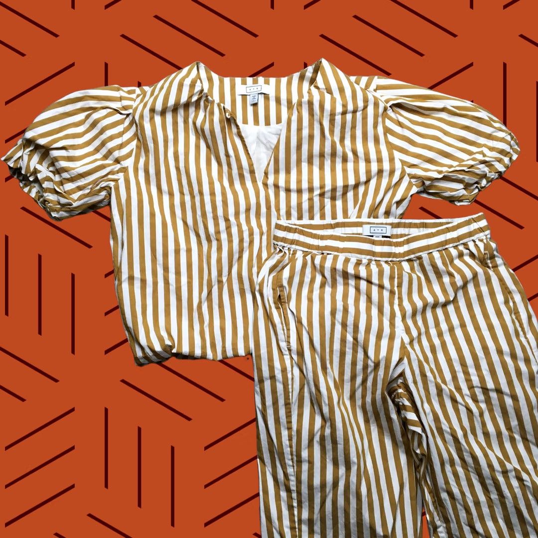 AYR AYR 2 Piece Pajama Set Womens Small Yellow White Striped Shirt Pants Elastic Set/Outfit Size S / US 4 / IT 40 - 1 Thumbnail