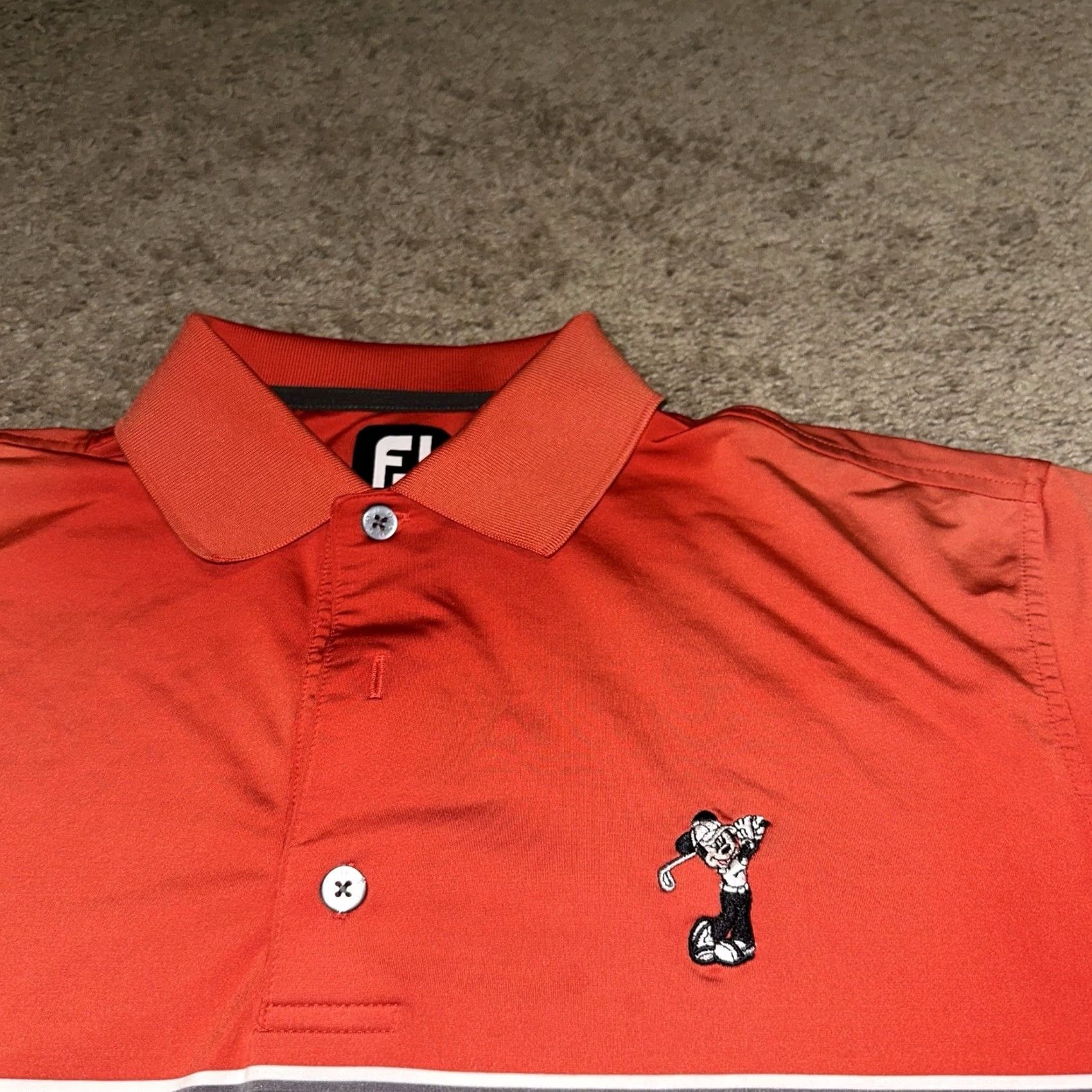 Footjoy FootJoy Mickey Mouse Polo Shirt Mens Medium Golf Breathable Collared Orange Polyester Embroidered Logo Striped Short Sleeve 9 M Size US M / EU 48-50 / 2 - 3 Thumbnail
