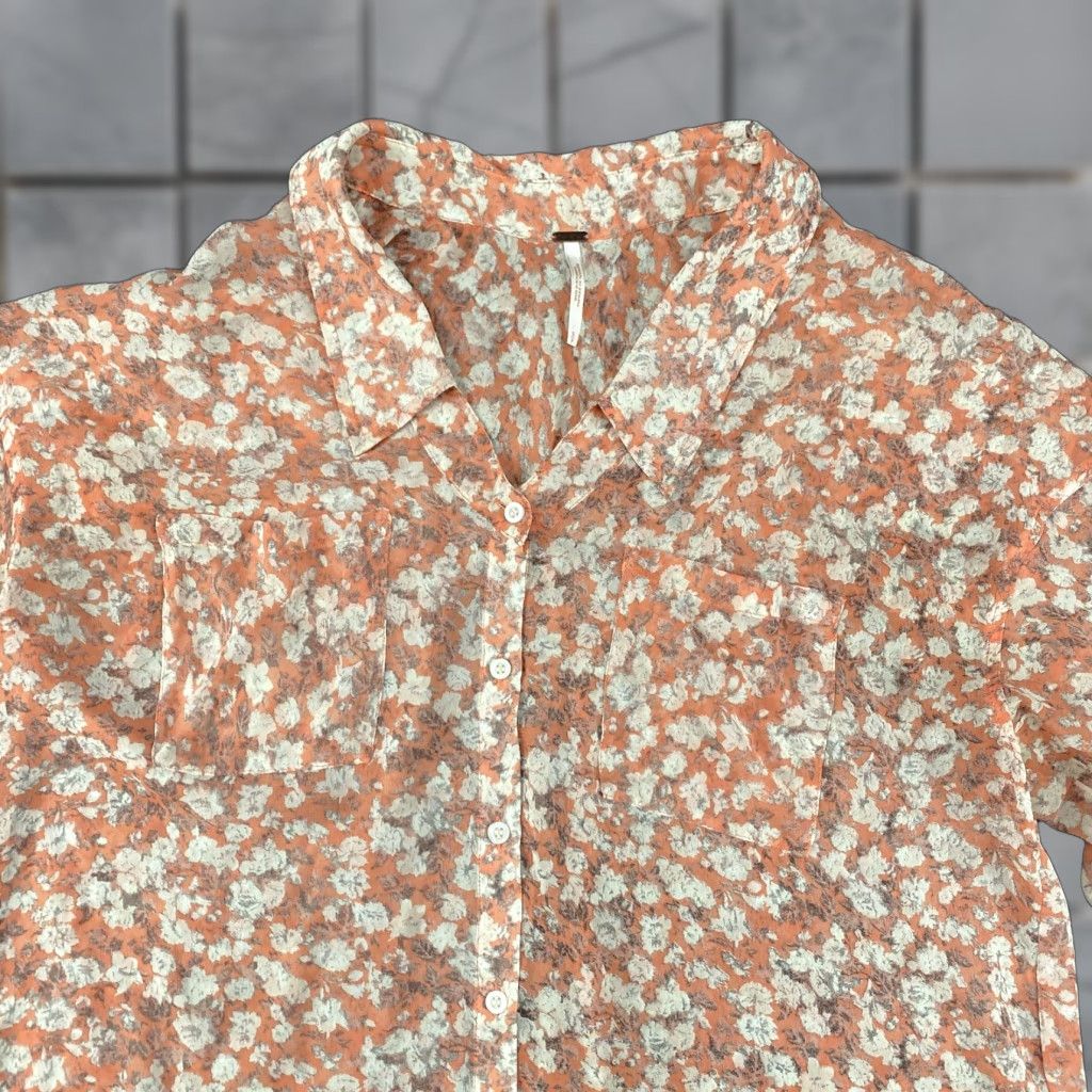 Free People Free People Top Womens Small Orange Sheer Button Front Long Sleeve Blouse Boho Size S / US 4 / IT 40 - 1 Thumbnail