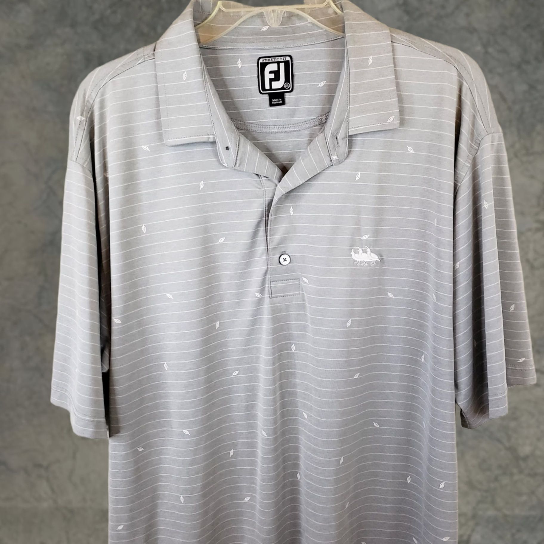 Footjoy FootJoy Polo Shirt Men 2XL Gray White Striped Athletic Fit Quail Logo Polo Shirt Short Sleeve Button Collared Golf Casual Mens Size US XXL / EU 58 / 5 - 1 Thumbnail