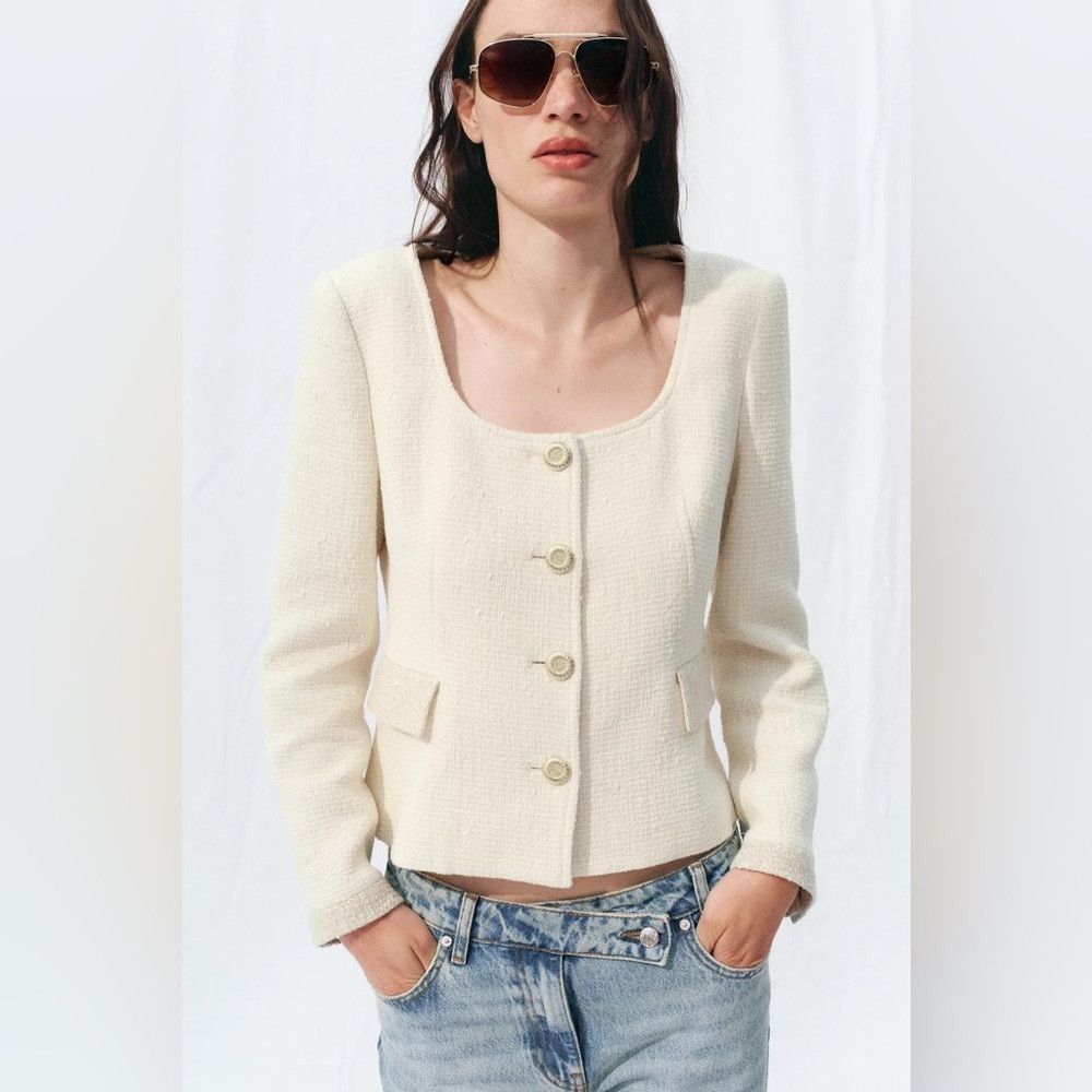Zara ZARA ROUND NECK TEXTURED BLAZER SIZE L Size L / US 10 / IT 46 - 6 Thumbnail