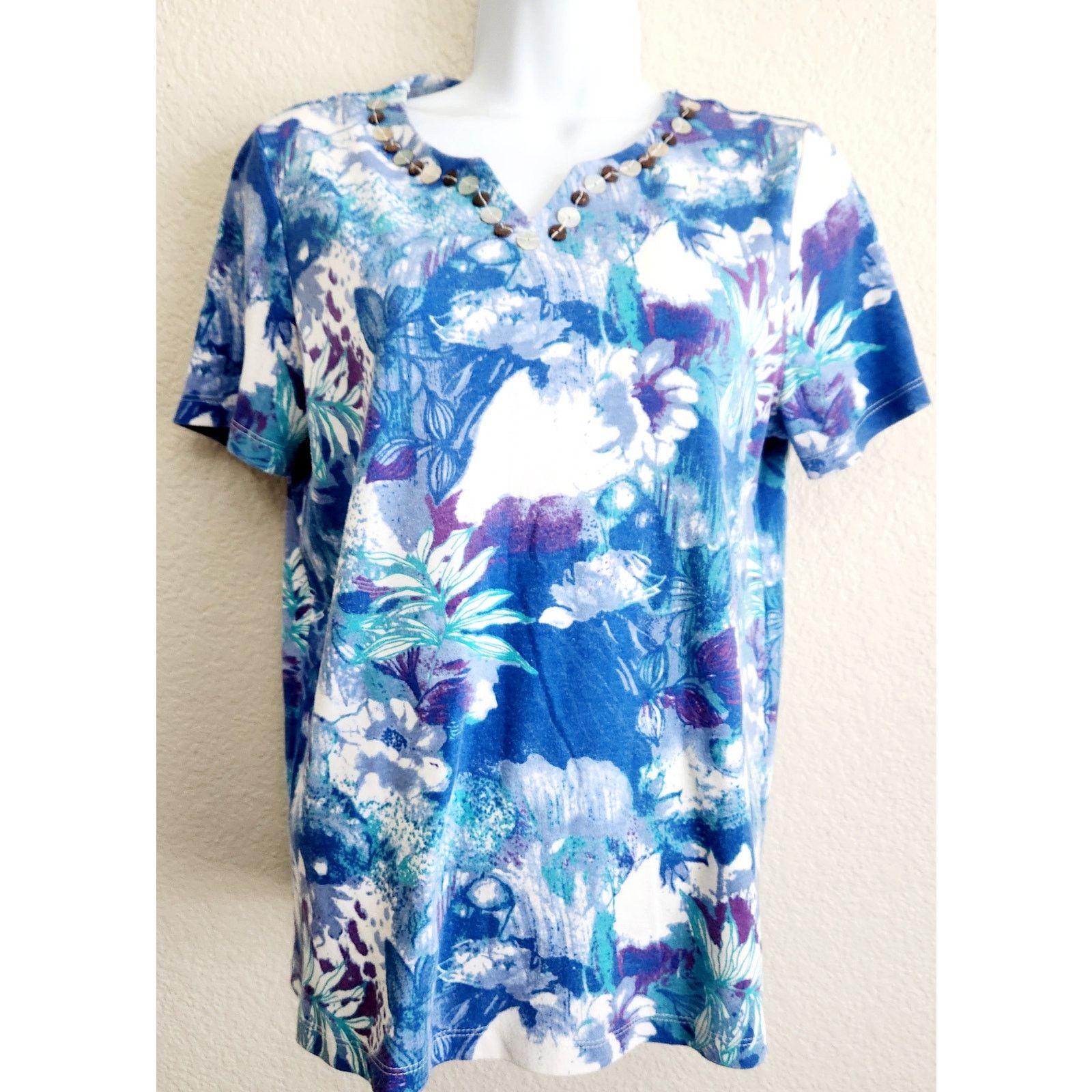 Other Rebecca Malone Blue White Floral Print Beading Detail Top M Size M / US 6-8 / IT 42-44 - 1 Thumbnail