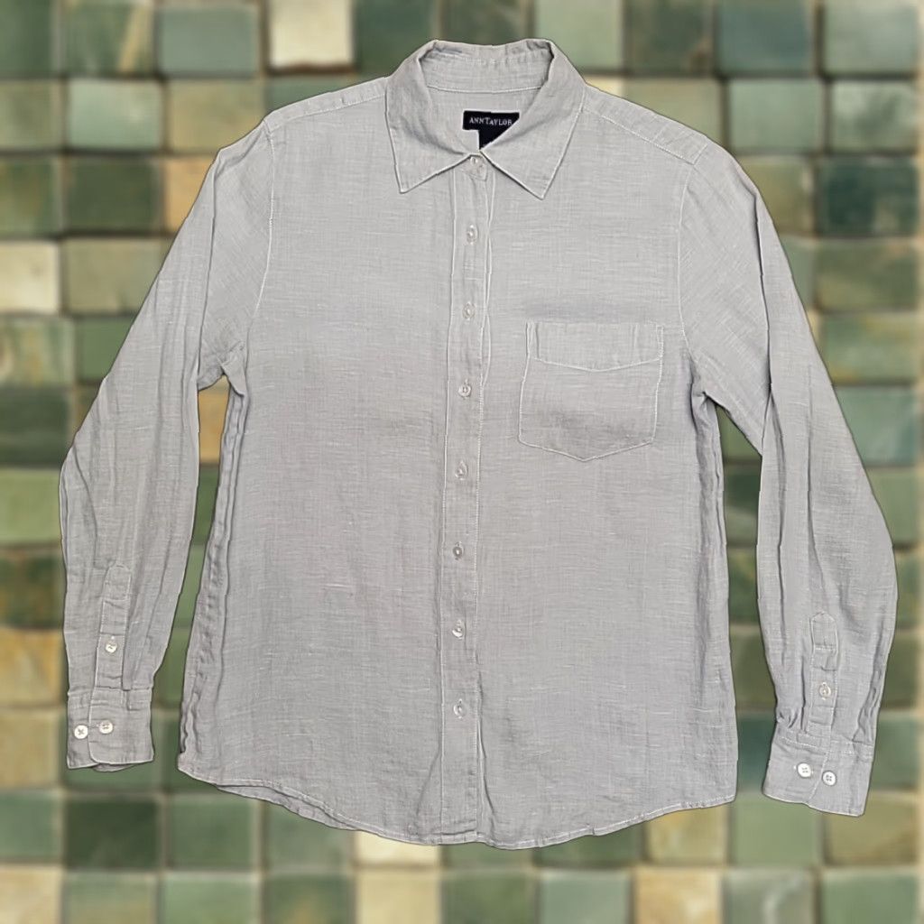 Ann Taylor Ann Taylor Shirt Womens S Blue 100% Linen Button Top Coastal Cottage Casual Neck Collared Long Sleeve Solid Womens Size S / US 4 / IT 40 - 1 Thumbnail