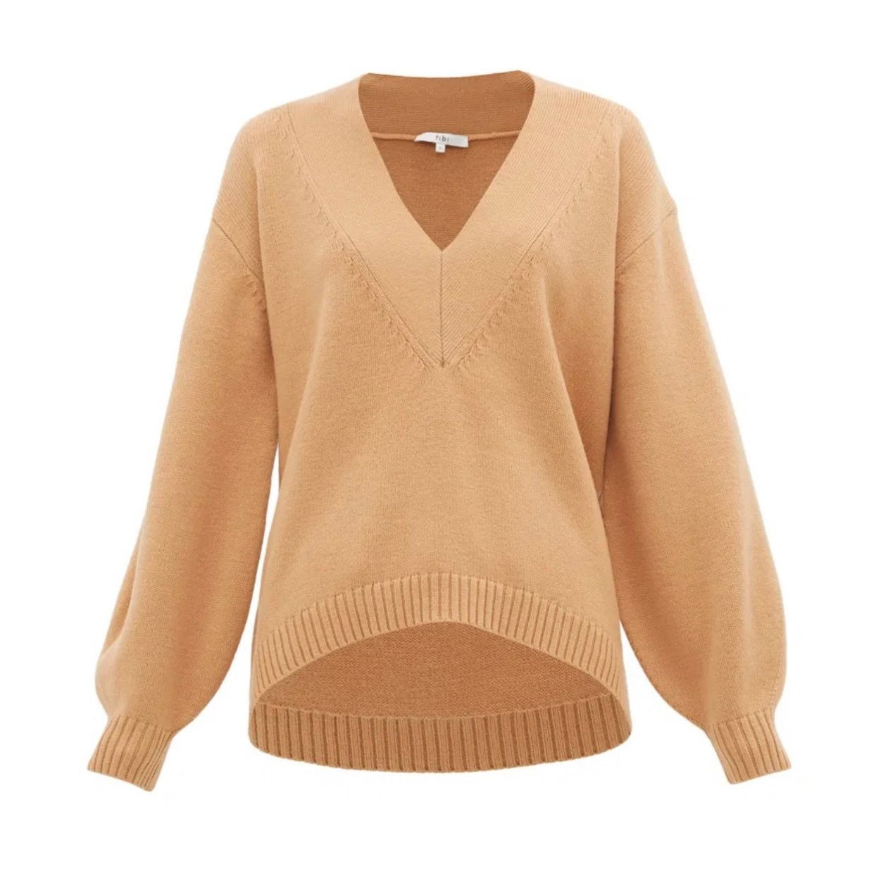 Tibi Tibi Merino Wool V-neck Puff Sleeve Camel Sweater Small Size S / US 4 / IT 40 - 1 Thumbnail