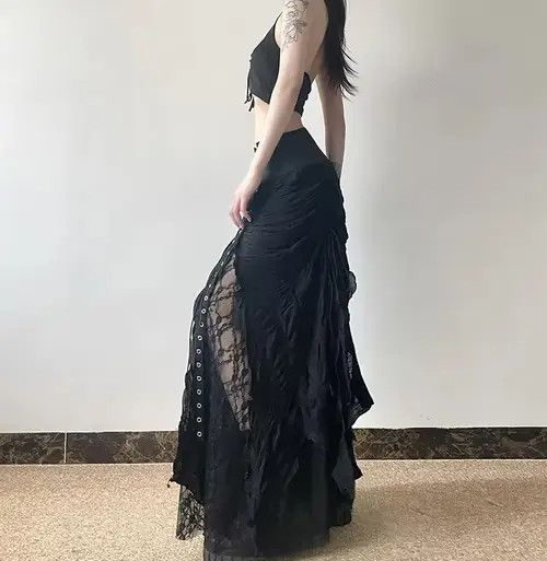 Designer Y2k Gothic Punk Bandage Mesh Patchwork Irregular Maxi Skirt Size 29" - 3 Thumbnail