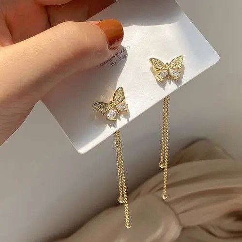 Other × Sterling Silver Women's Gold Butterfly Long Tassel Dangle Drop Earrings Size ONE SIZE - 2 Thumbnail