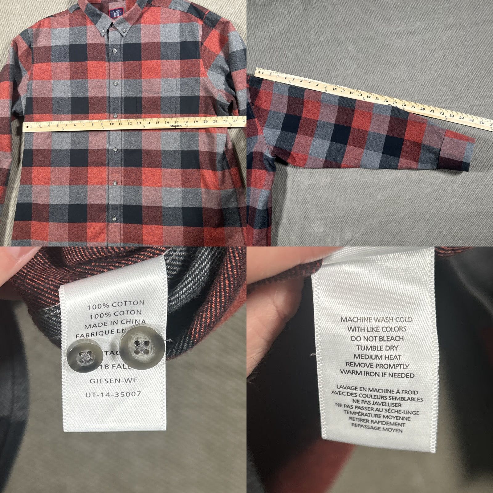 UNTUCKit UNTUCKit Shirt Mens 2XL Flannel Plaid Button-Down Giesen-WF Red Fall Cotton Size US XXL / EU 58 / 5 - 9 Thumbnail