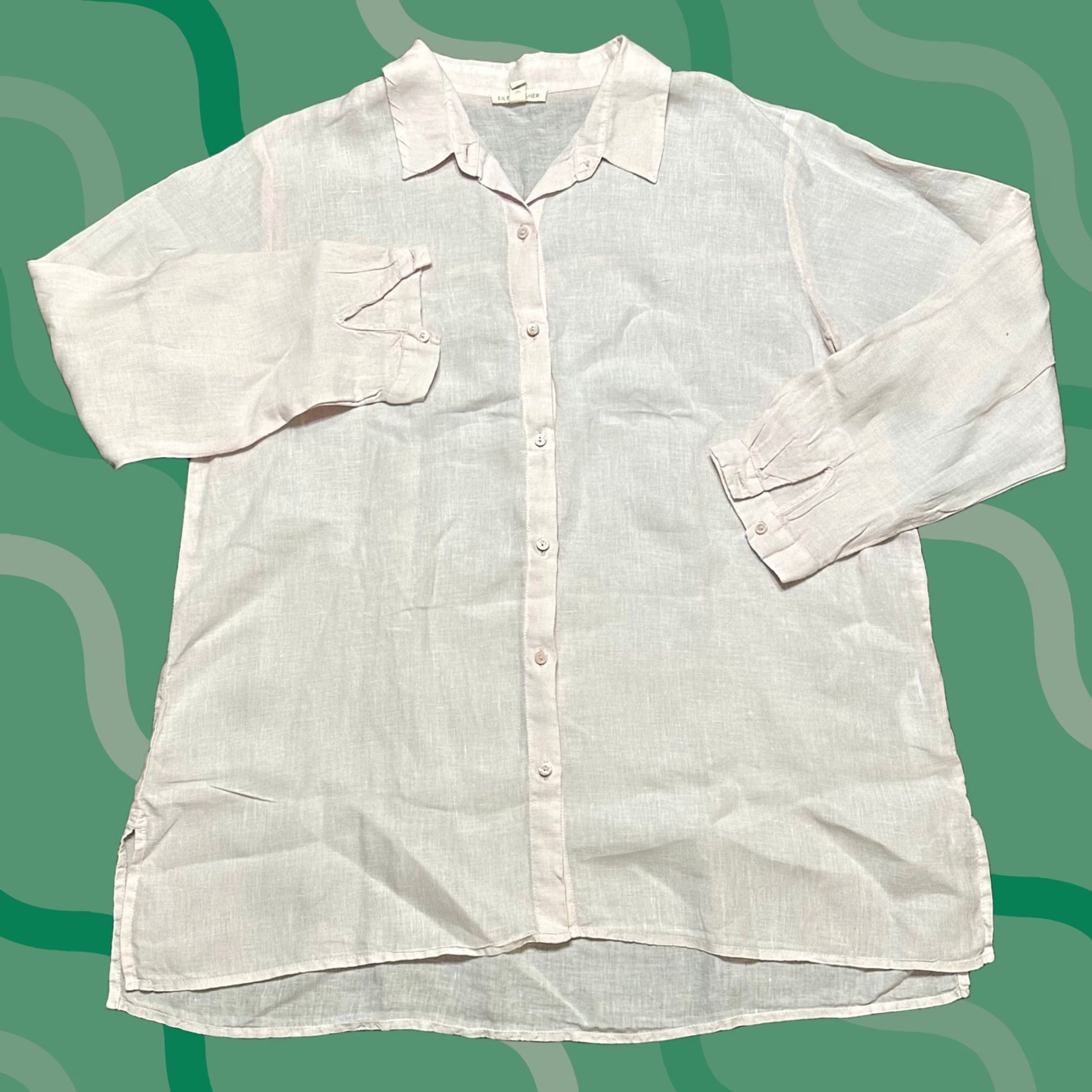 Eileen Fisher Eileen Fisher Pink Organic Linen Crinkle Classic Collar Button Up Shirt Sz L Size L / US 10 / IT 46 - 1 Thumbnail