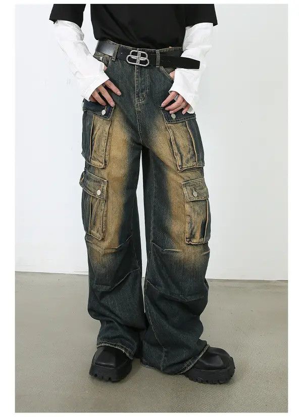Japanese Brand Vintage washed distressed loose multi-pocket work jeans Size US 32 / EU 48 - 2 Thumbnail