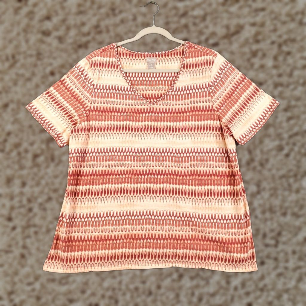 Vintage Chico's Womens Blouse XL Orange Tan Geometric V-Neck Pullover Short Sleeve Cotton Modal Knit Basic Classic Designer All Seasons Size XL / US 12-14 / IT 48-50 - 1 Thumbnail
