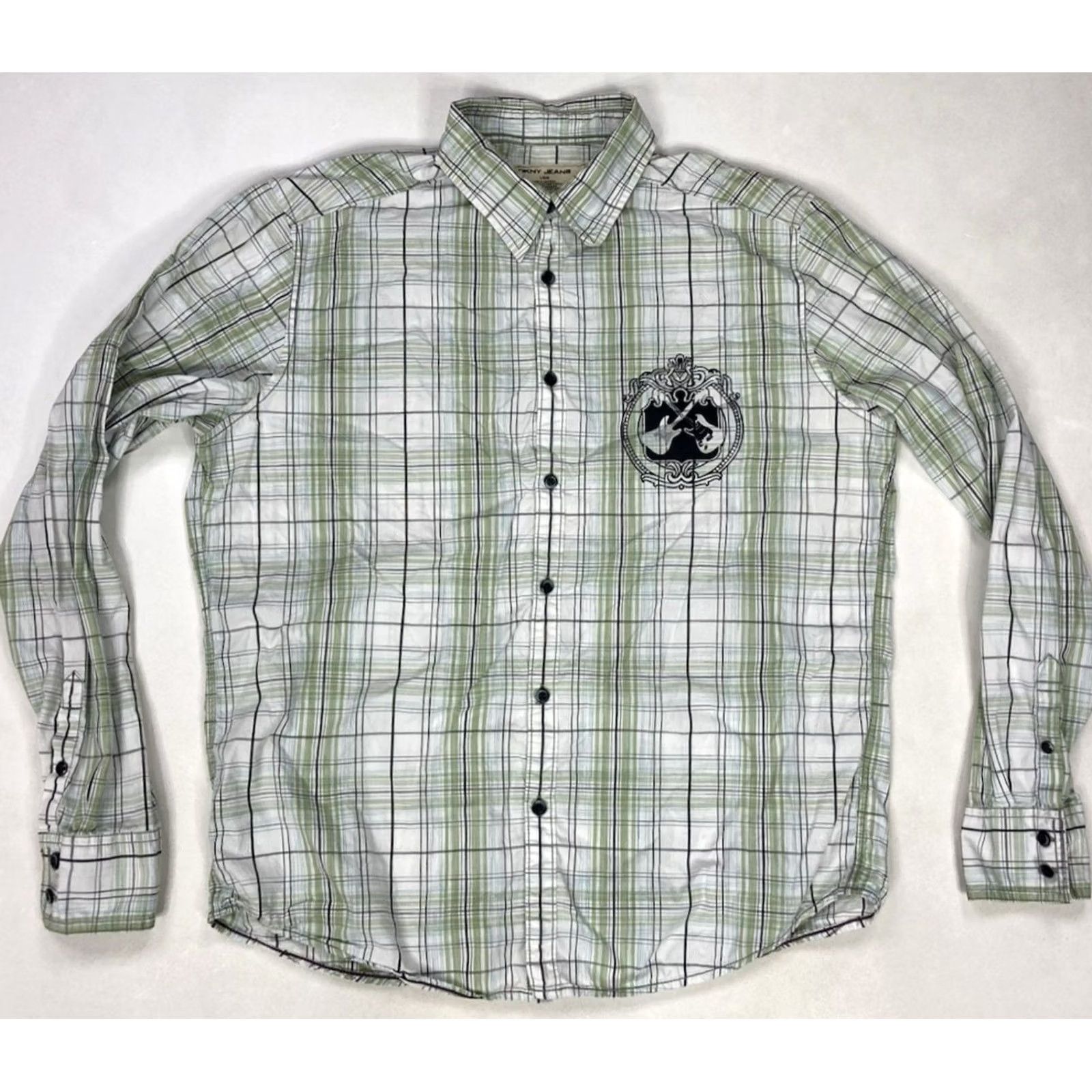 DKNY VINTAGE DKNY Rock & Roll NYC Car Guitar Print Plaid Shirt Men Large Green Long Sleeve Size US L / EU 52-54 / 3 - 3 Thumbnail