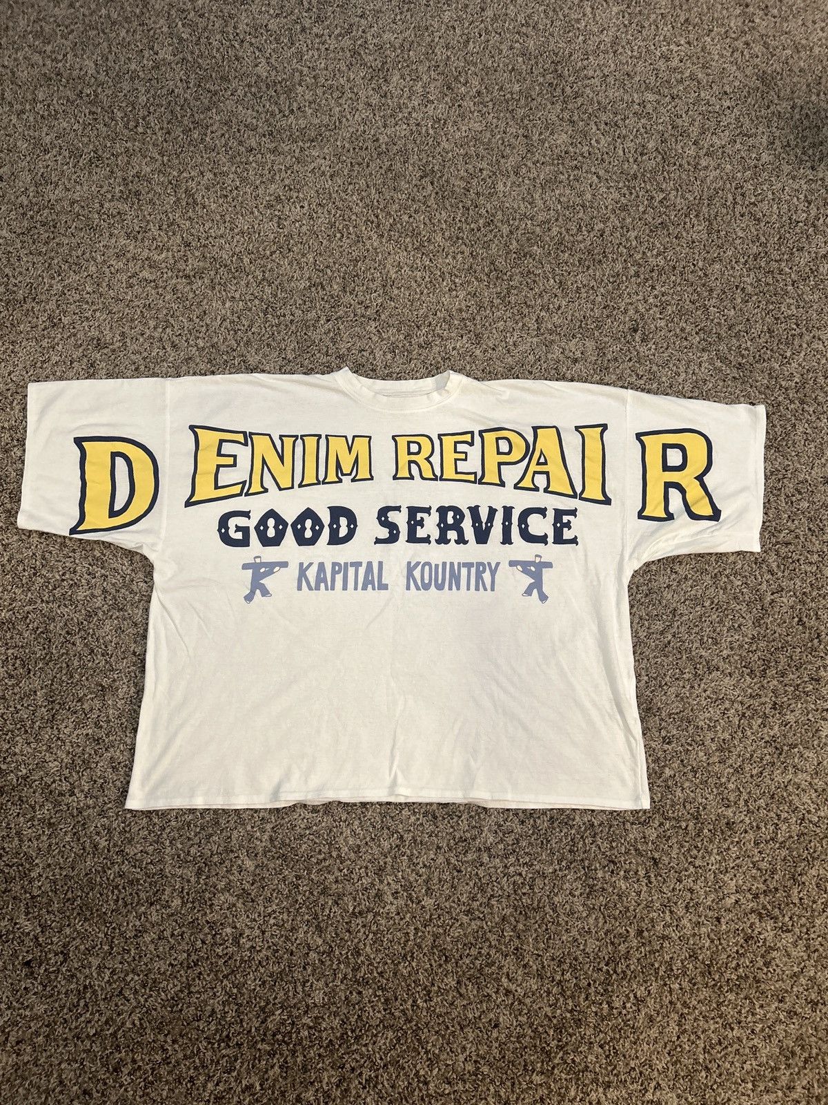 image of Kapital Kountry Denim Repair Oversized Tee in White, Men's (Size Large)