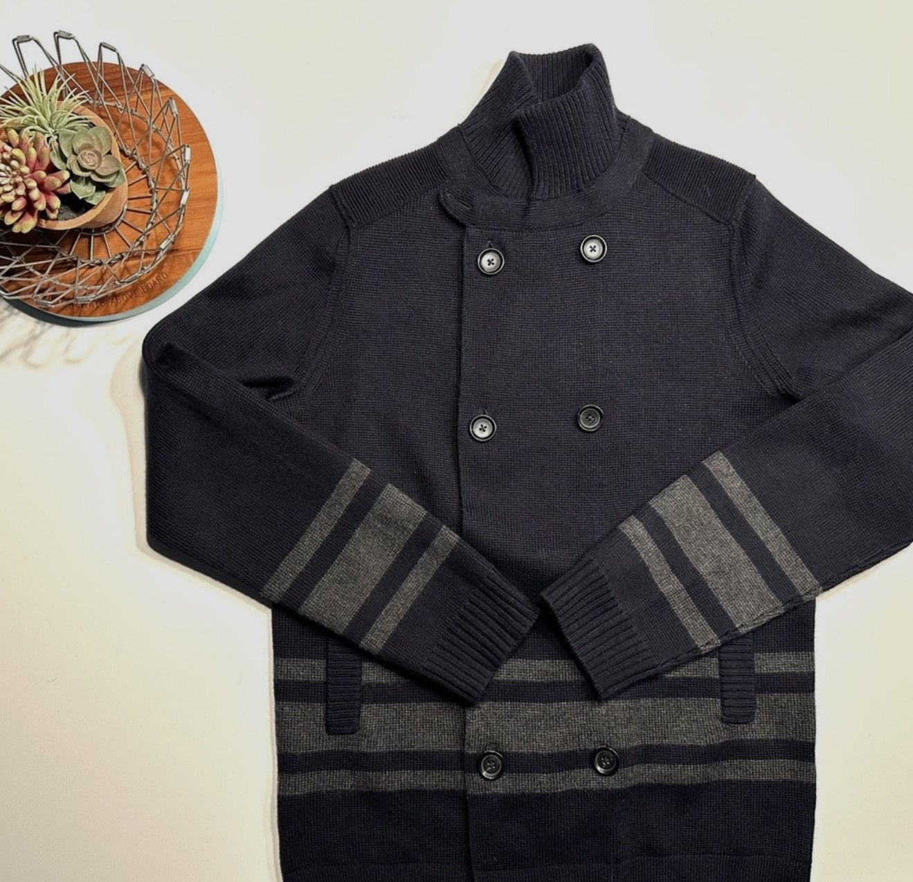 Vince Vince Heavy Wool Navy Double-Breasted Sweater-Gray Stripe Size US S / EU 44-46 / 1 - 1 Thumbnail