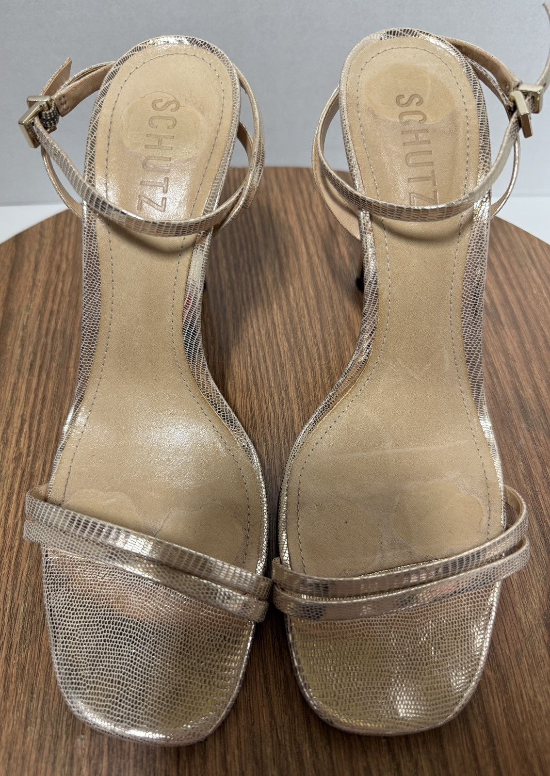 Schutz WomenS Leather Altina Gold Embossed Stiletto Heel Shoes, Women's (Size 8.5)