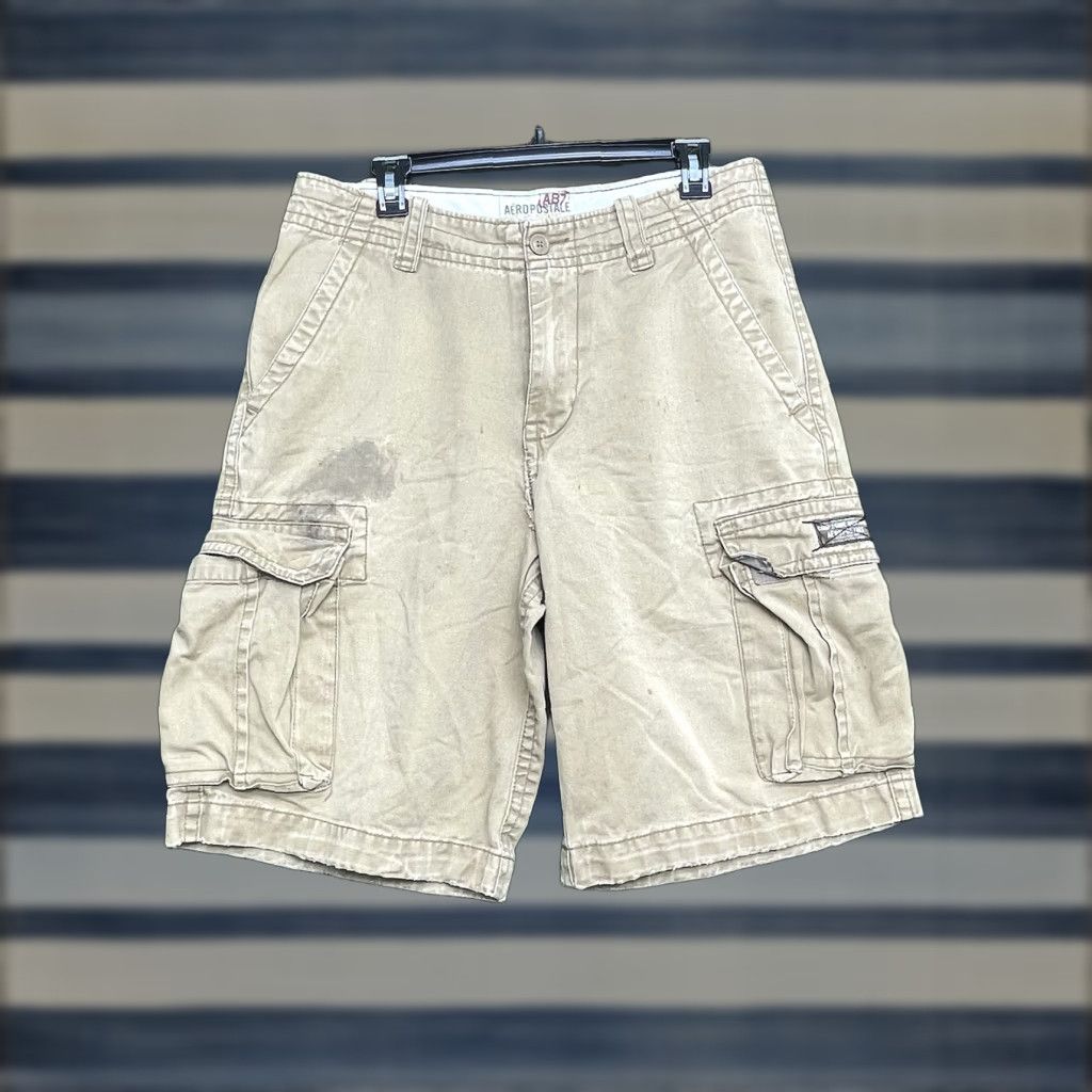 Vintage Aéropostale Cargo Shorts Men 31 x10 Beige Heavy Canvas Cotton Drawstring 00s y2k Loose Size US 31 - 1 Thumbnail