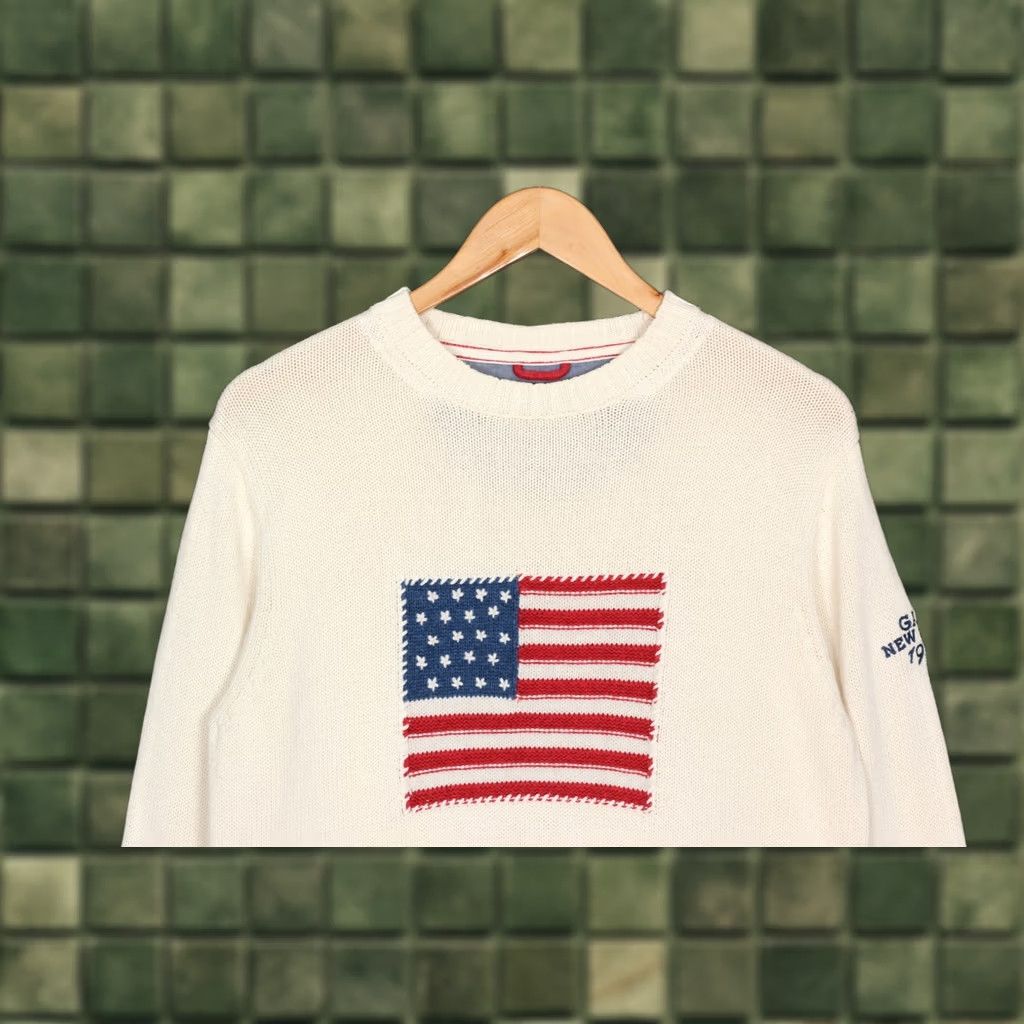Gant Vintage GANT Jumper Mens Knit Cotton Crew Neck M Beige USA Flag VR4007 Size US M / EU 48-50 / 2 - 1 Thumbnail