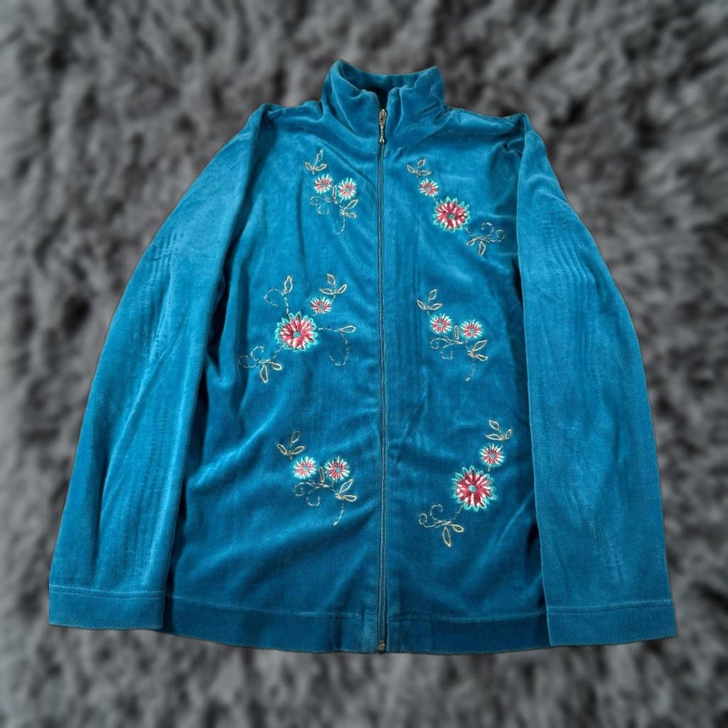 Architect VINTAGE 90s Y2K Velvet Jacket Small Embroidered Cottagecore Grandmacore Women's Regular Blue Velour Full Zip Jacket Size S / US 4 / IT 40 - 1 Thumbnail