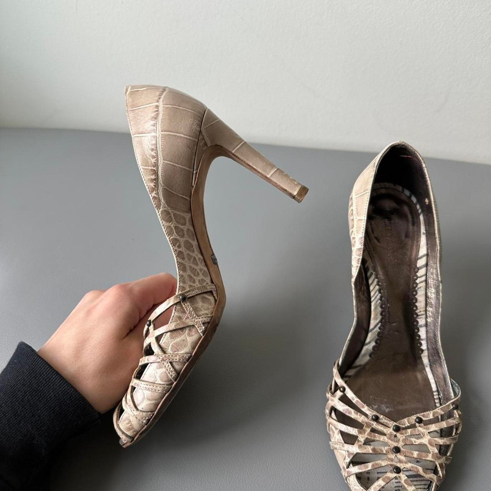 Giorgio Armani × Vintage Vintage GIORGIO ARMANI Tan Leather Peep-Toe Croc Heels/Pumps Size US 6.5 / IT 36.5 - 5 Thumbnail