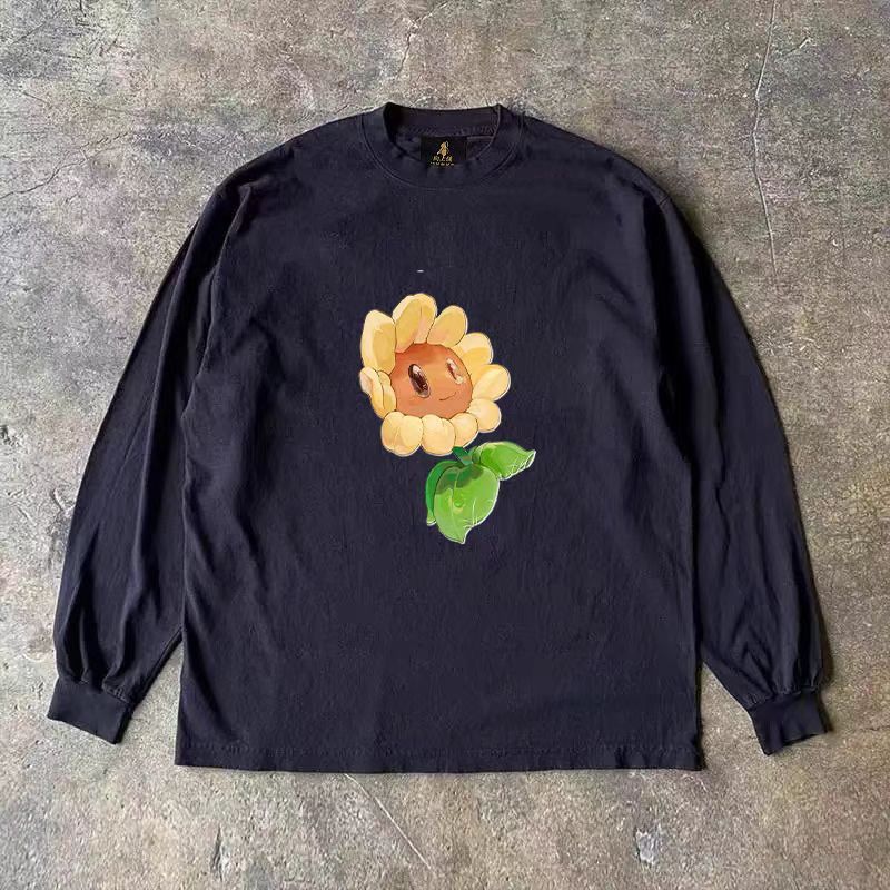 Vintage Black retro sunflower print long-sleeved cotton t-shirt Size US M / EU 48-50 / 2 - 1 Thumbnail