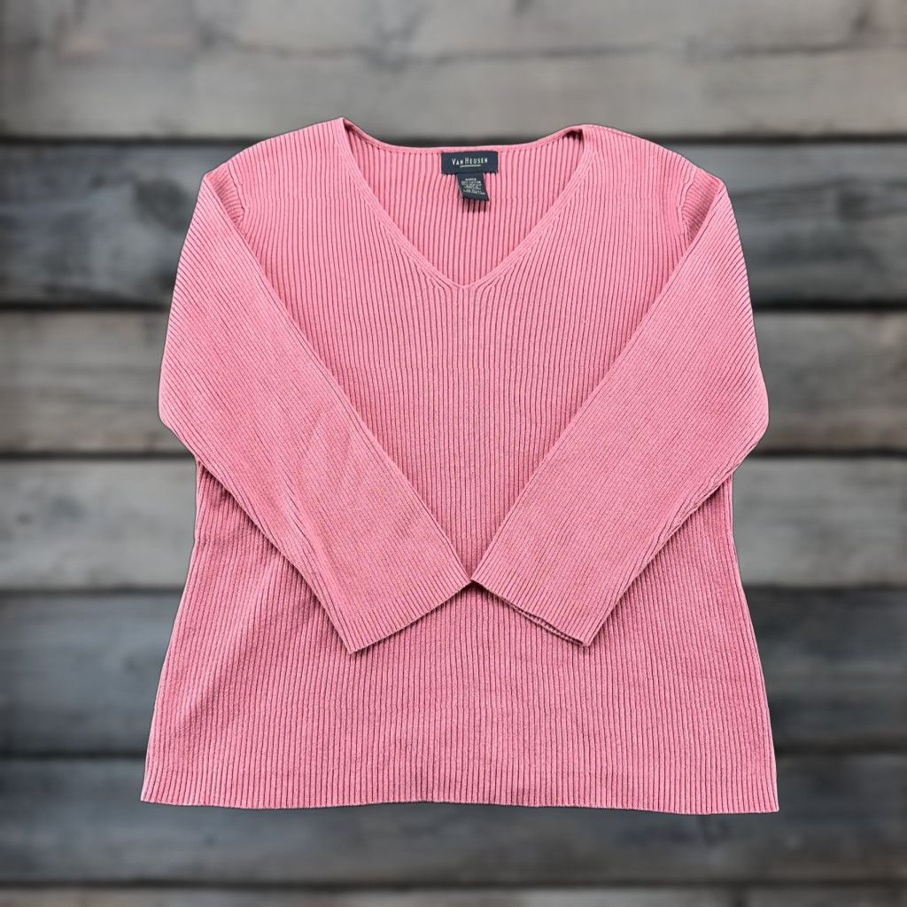 Van Heusen VINTAGE Van Heusen Sweater Women XL Pink Pullover Ribbed Knit Cotton Acrylic 90s 80s Women Pullover Knit V-Neck Size XL / US 12-14 / IT 48-50 - 1 Thumbnail
