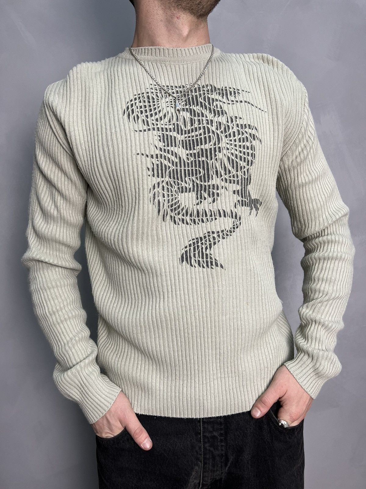 20471120 × Diesel VINTAGE ARCHIVE Y2K STRIPED DISTRESSED DRAGON DIESEL SWEATER Size US M / EU 48-50 / 2 - 1 Thumbnail