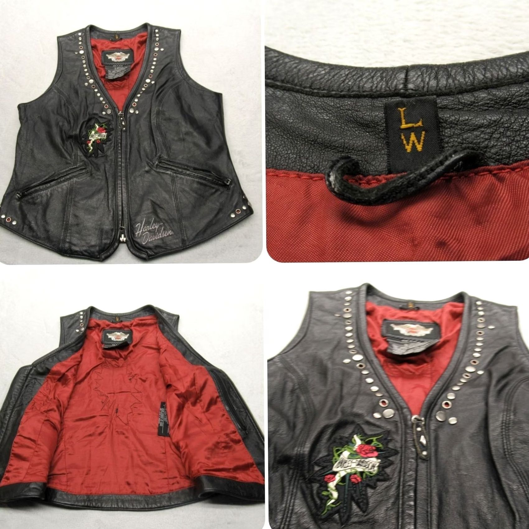 Harley Davidson VINTAGE Harley-Davidson Vest Women Large Black Leather Biker Motorcycle Full Zip Studded Embroidered Size L / US 10 / IT 46 - 2 Thumbnail