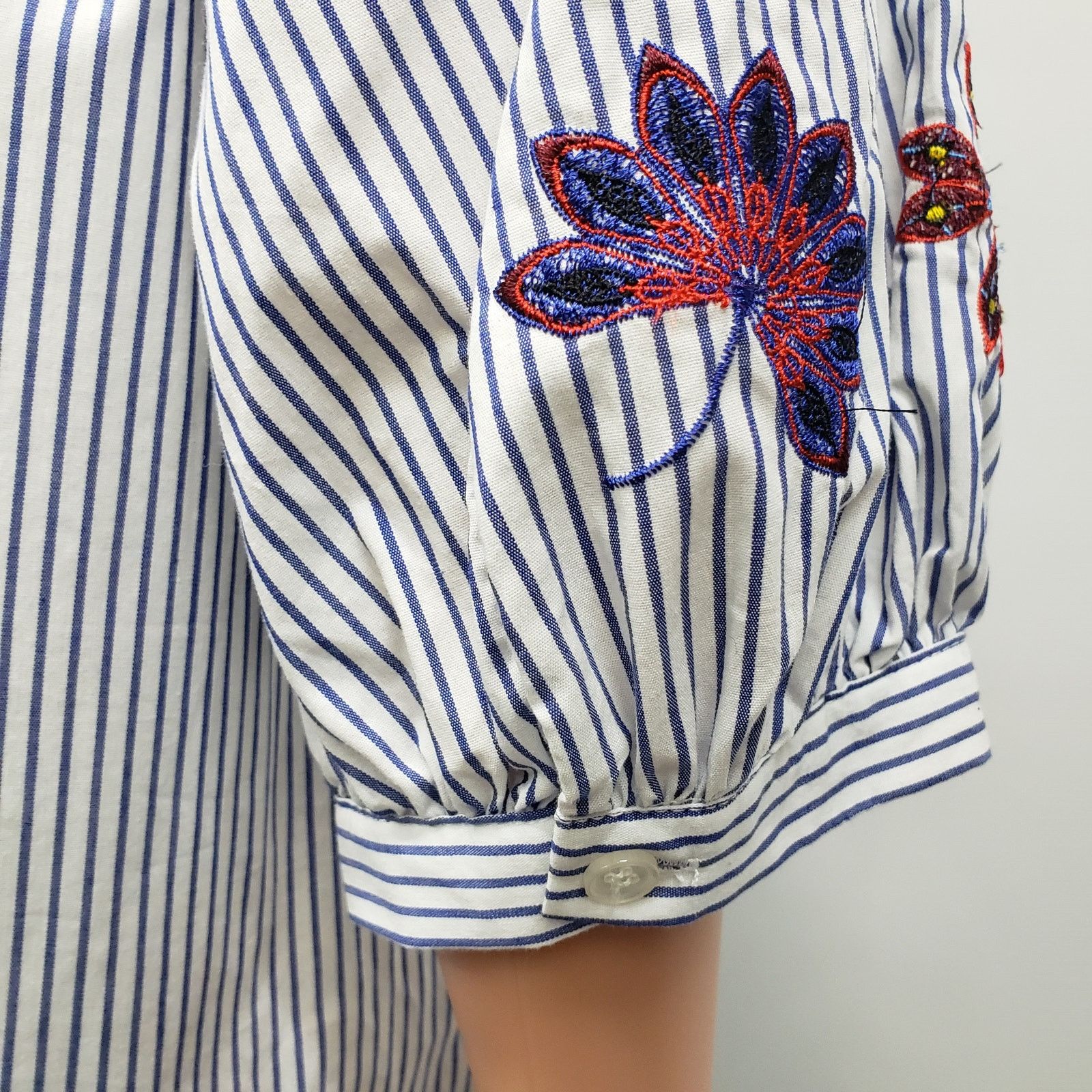 Nordstrom Eloquii Blouse Tunic Top Plus14 Pinstriped Floral Embroidery Size XL / US 12-14 / IT 48-50 - 9 Thumbnail