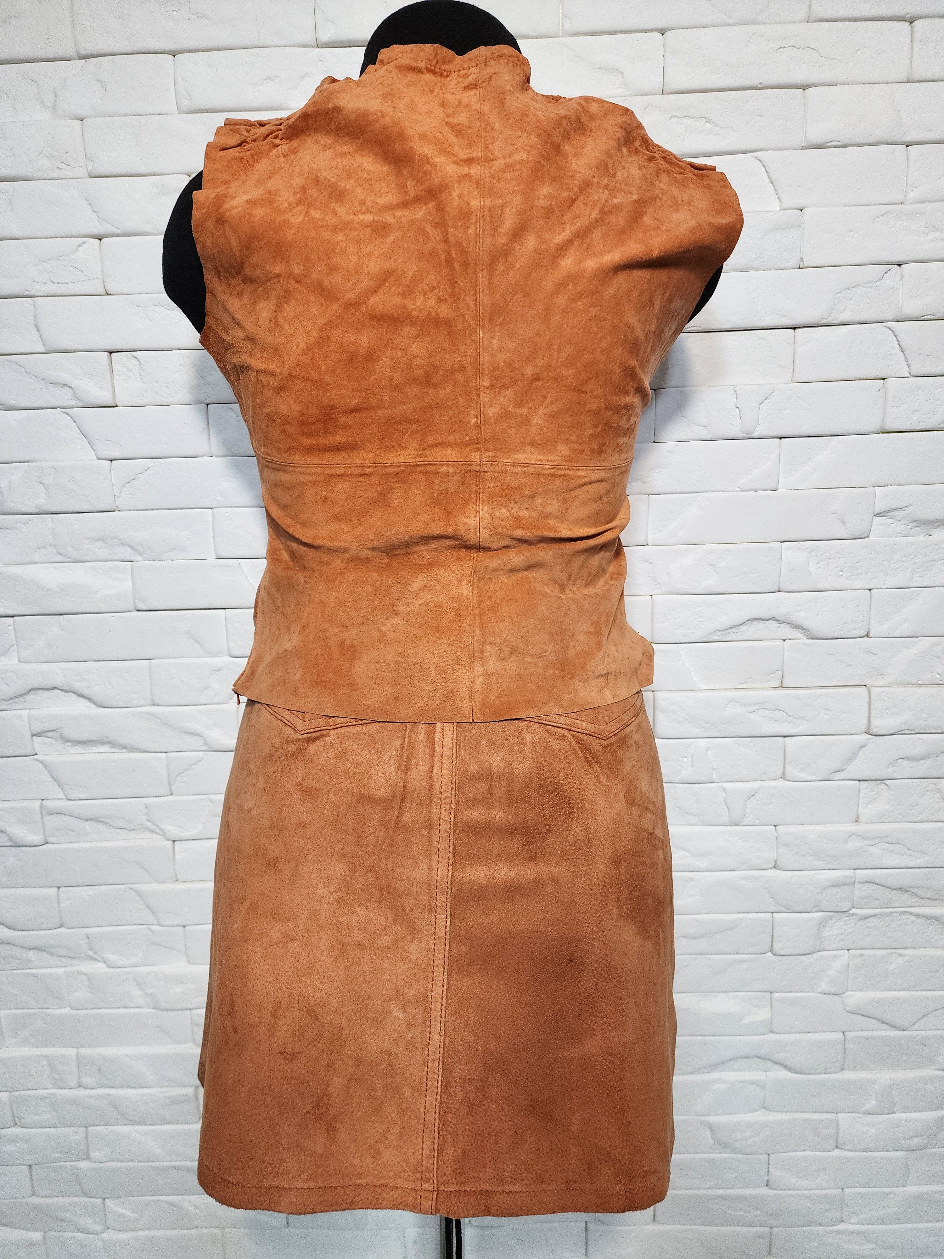 Genuine Leather Vintage Brown Leather Suit: Suede Vest & Skirt Size 29" - 3 Thumbnail