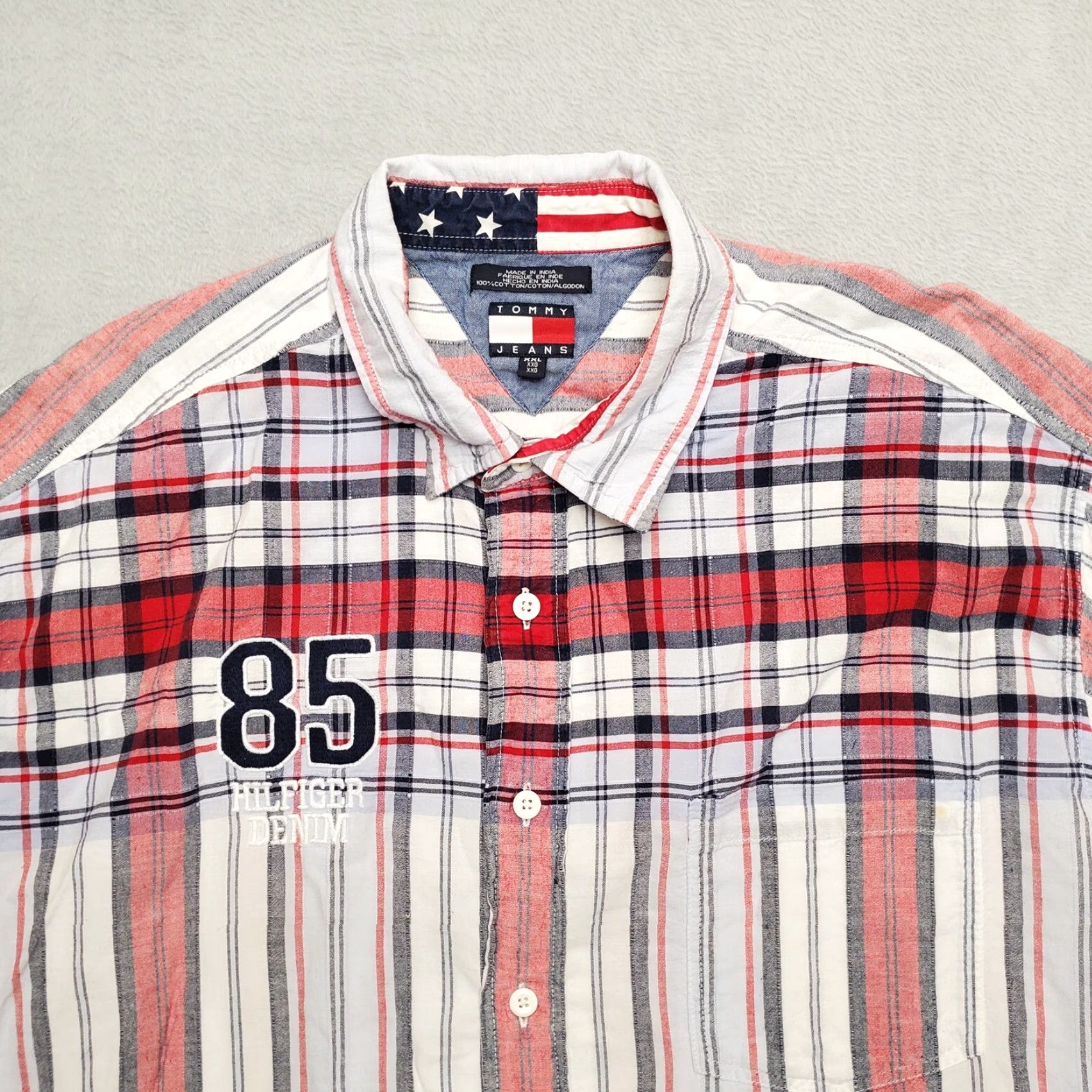 Tommy Hilfiger VINTAGE Tommy Hilfiger Shirt Mens 2XL Striped Cotton Button-Up Short Sleeve Blue Red Chest Pockets Mens Size US XXL / EU 58 / 5 - 2 Thumbnail