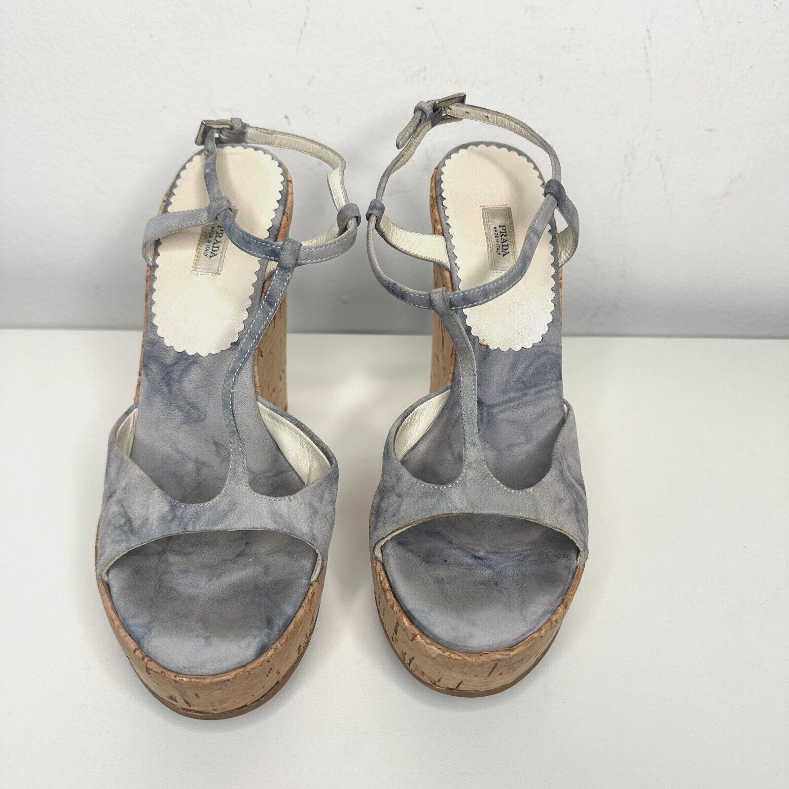 Prada Prada Blue Suede Tan Cork Wedge Sandals Ankle Espadrilles 38 Size US 8 / IT 38 - 3 Thumbnail