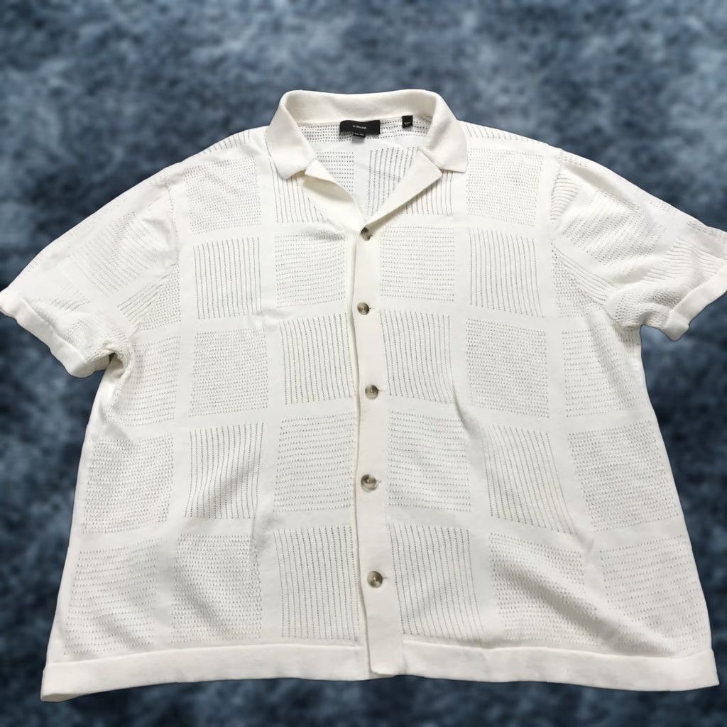 Vince Shirt Mens 2XL Beige Textured Knit Button Up Beach Light Camp Collar Shirt Womens?