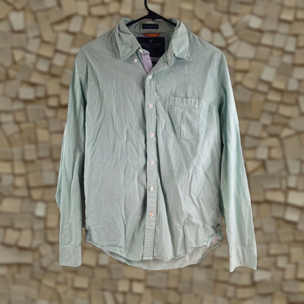 American Eagle Outfitters American Eagle Outfitters Shirt Men M Green White Striped Button Down Size US M / EU 48-50 / 2 - 1 Thumbnail