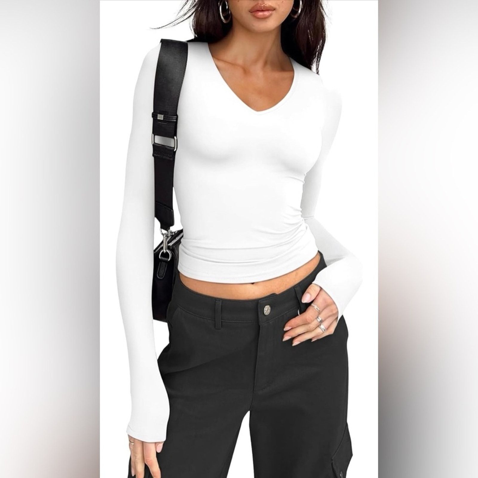 Other New White Basic V neck Crewneck Long Sleeve Women's Top S Size S / US 4 / IT 40 - 1 Thumbnail