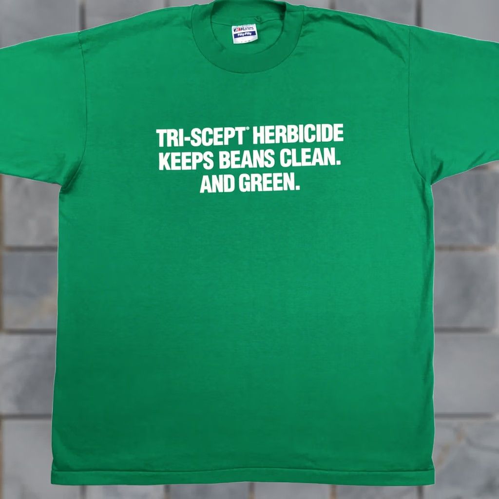 Hanes VINTAGE Hanes T-Shirt Men XL Green 80s 90s TRI-SCEPT HERBICIDE KEEPS BEAN CLEAN & GREEN Short Sleeve Cotton Blend Single Stitch Size US XL / EU 56 / 4 - 1 Thumbnail