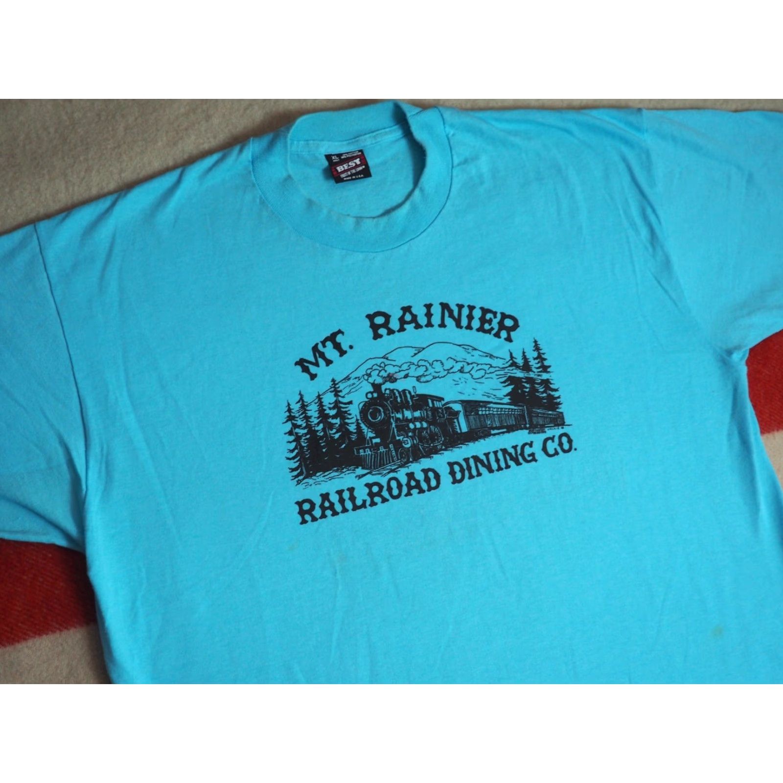 Fruit Of The Loom VINTAGE Fruit of the Loom Tee T-Shirt XL Blue 90s 80s Mt Rainier Railroad USA Made PNW Mens Size US XL / EU 56 / 4 - 2 Thumbnail
