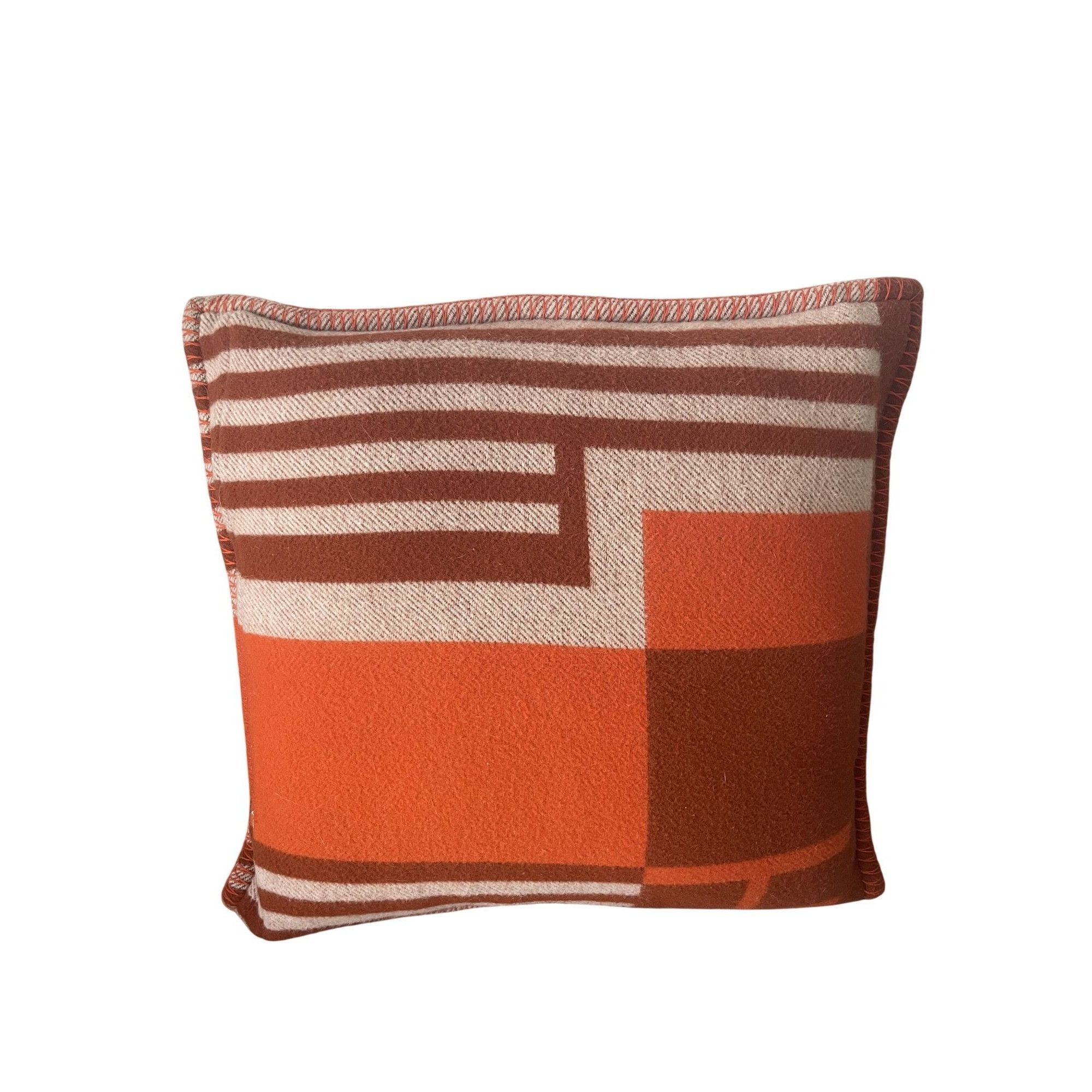 Hermes Hermes Paris Orange & Brown Geometric Wool & Cashmere Pillow Size ONE SIZE - 2 Thumbnail