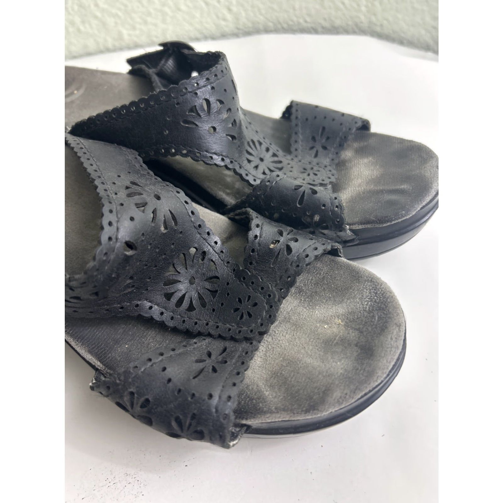 Dansko Dansko Sapphire Sandal Womens Black Leather Cutout Eyelet Slide Wedge 39 US 8.5 Adjustable Buckle Leather Lining Floral Pattern Size US 9 / IT 39 - 2 Thumbnail