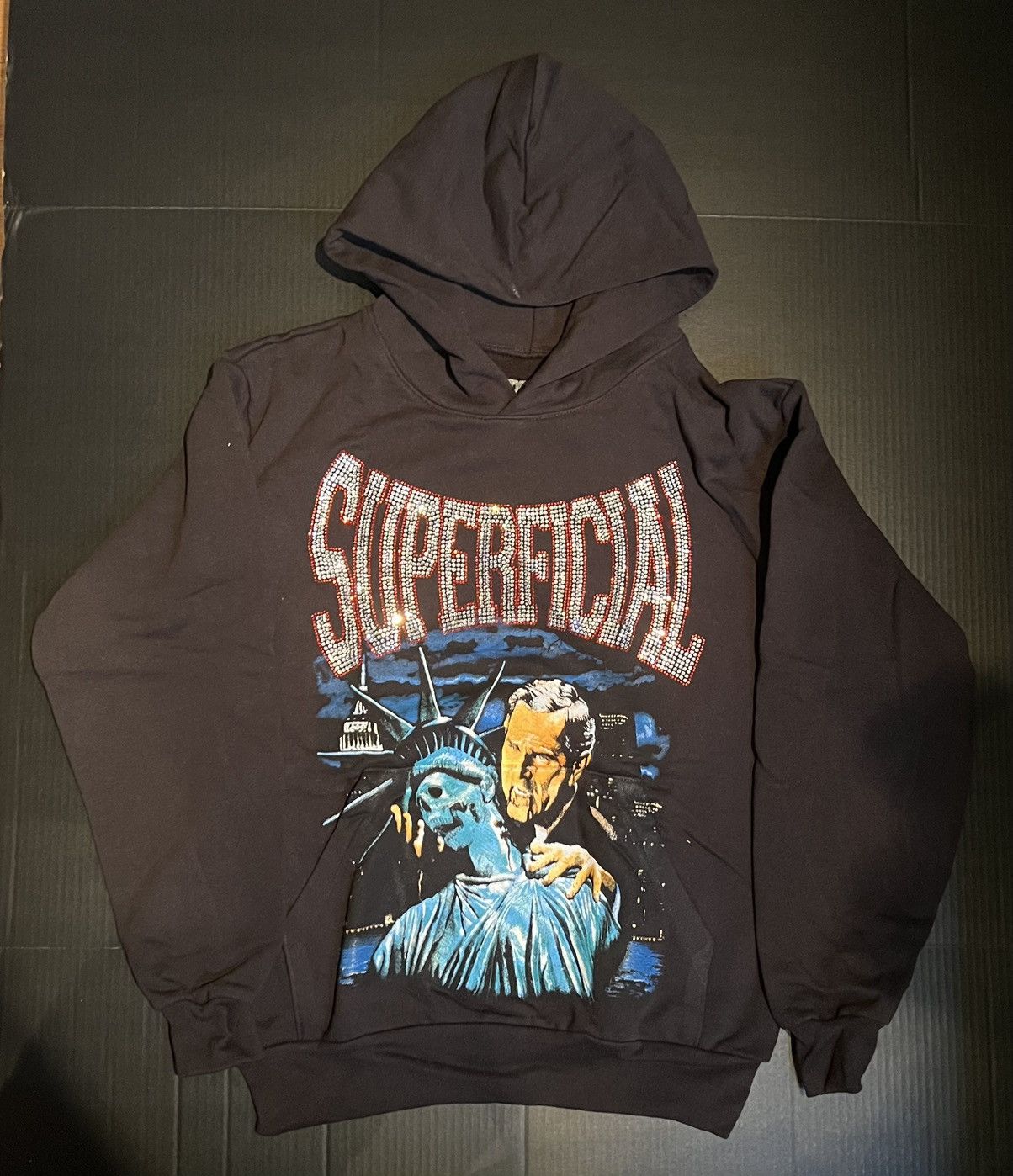 image of Superficial George Bush Vampire Rhinestone Hoodie - Black Sm, Men's (Size Small)