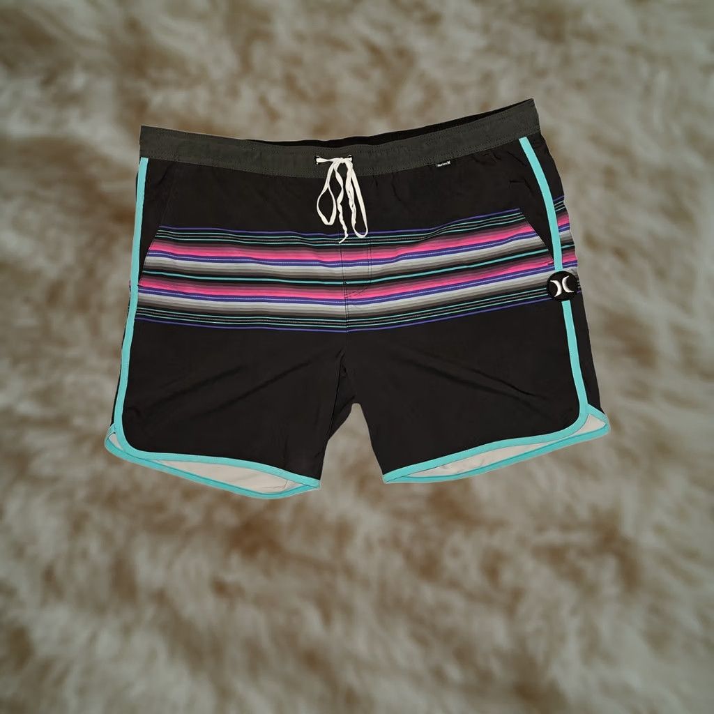Hurley Hurley Swim Trunks Men XL Black Striped Pockets Drawstring Logo Swimwear Size US 36 / EU 52 - 1 Thumbnail