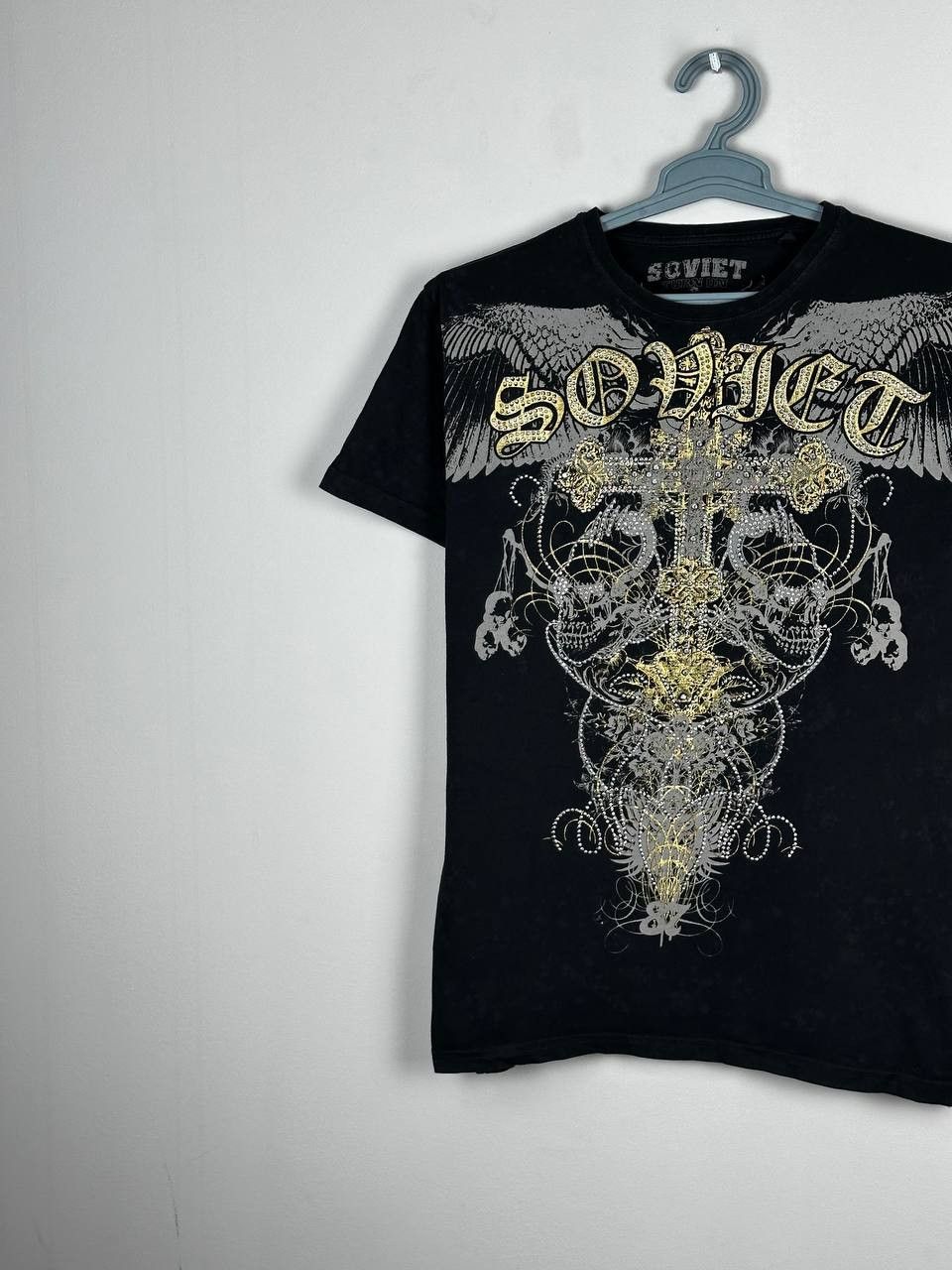 Vintage Avant Garde Rhinestone Skull Cross Wings T Shirt Size US L / EU 52-54 / 3 - 2 Thumbnail