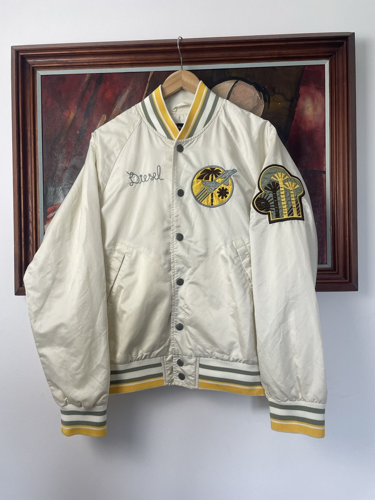 image of Diesel Varsity Bomber Jacket Vintage Y2K Hype Utopia in Cream, Men's (Size Medium)