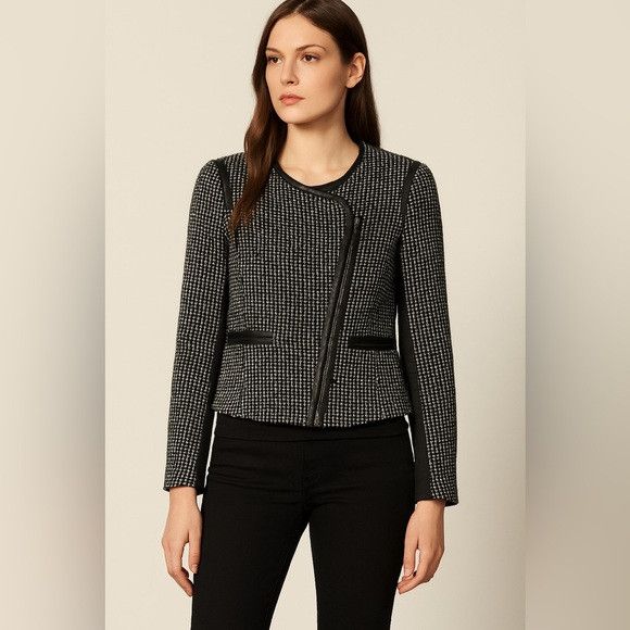 Sandro Sandro Tweed Moto Jacket Black & White Size L Size L / US 10 / IT 46 - 1 Thumbnail