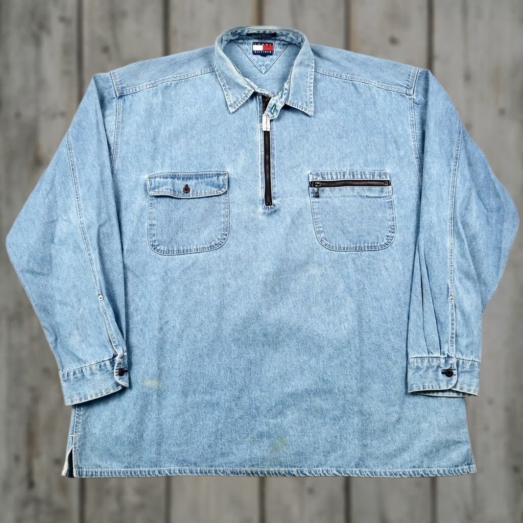 Tommy Hilfiger VINTAGE Tommy Hilfiger Shirt Mens XL Blue 90s Quarter Zip Pullover Denim Size US XL / EU 56 / 4 - 1 Thumbnail